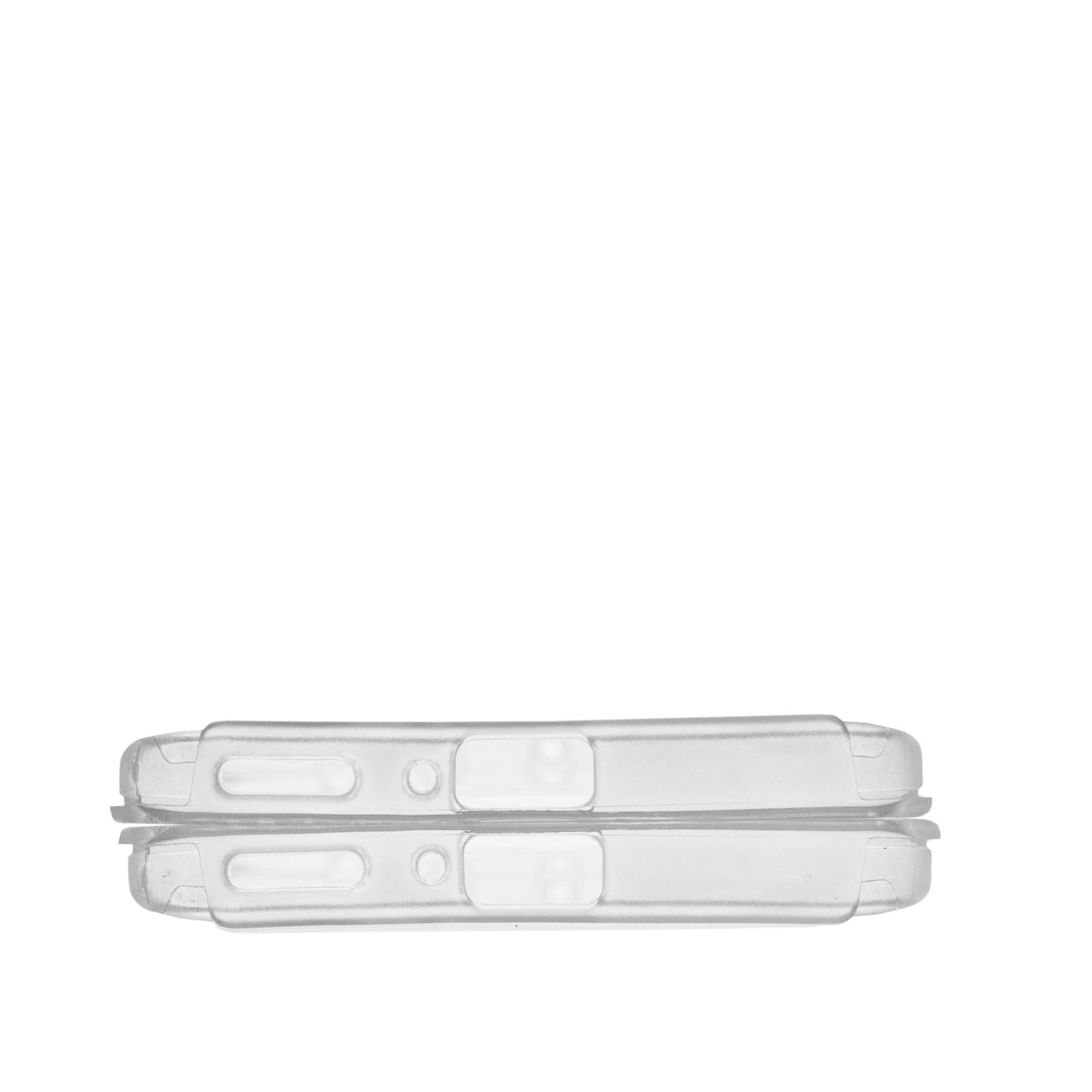 Dos fundas transparentes para teléfono, una encima de la otra, sobre fondo blanco. Tienen recortes para cámara y botones.