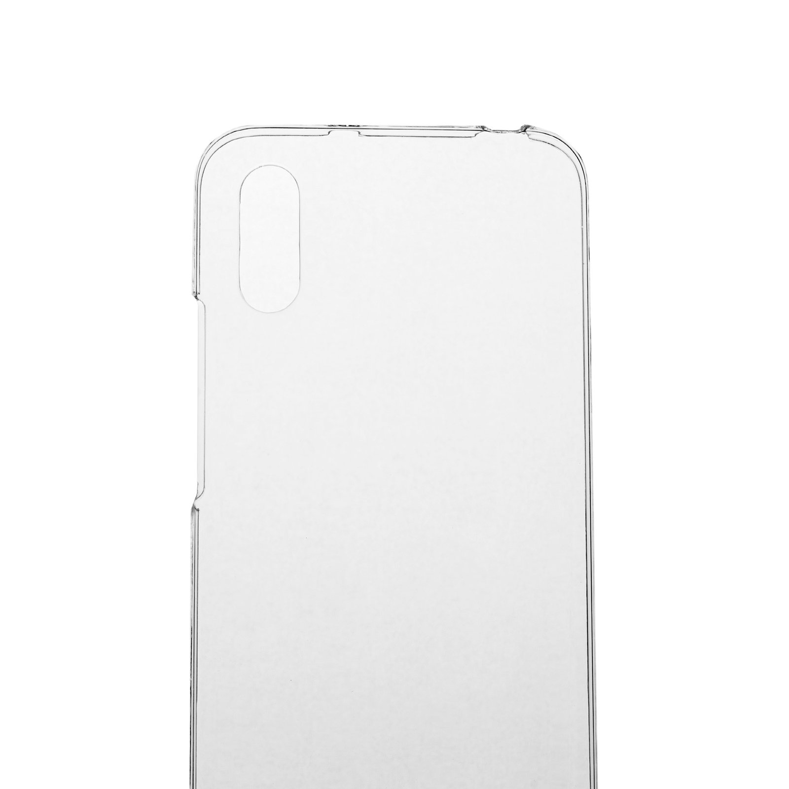 Funda transparente para teléfono sobre fondo blanco. Tiene recortes para cámara y botones. Los bordes son visibles.