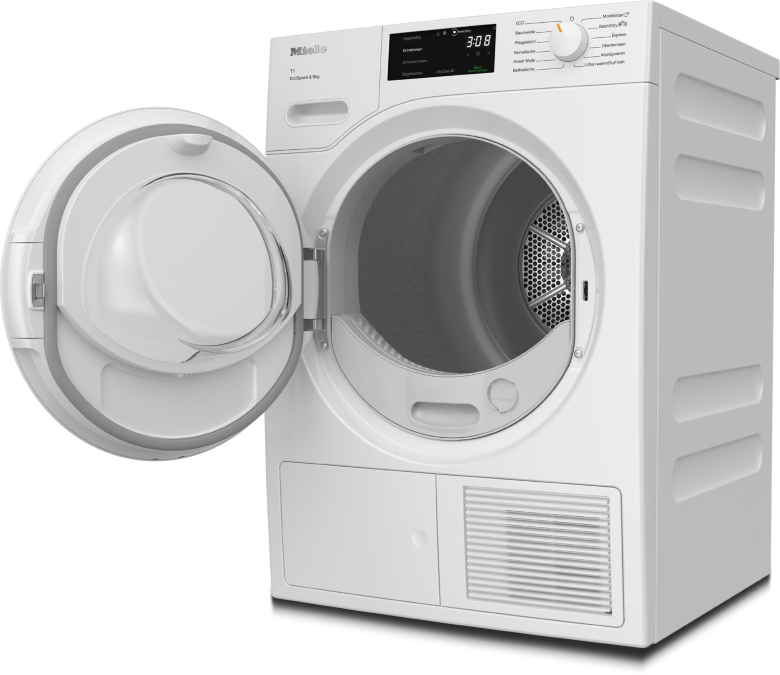 Ein weißer Miele-Trockner mit offener Tür. Das Digitaldisplay zeigt 3:08. Der Bedienknopf befindet sich rechts oben.