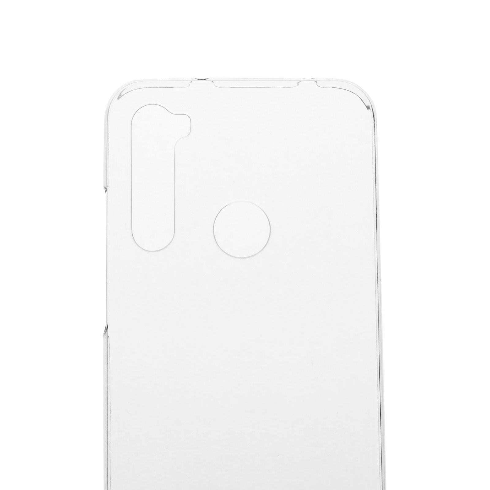 Primer plano de una funda transparente para teléfono. Tiene recortes para la cámara y otras funciones sobre un fondo blanco.