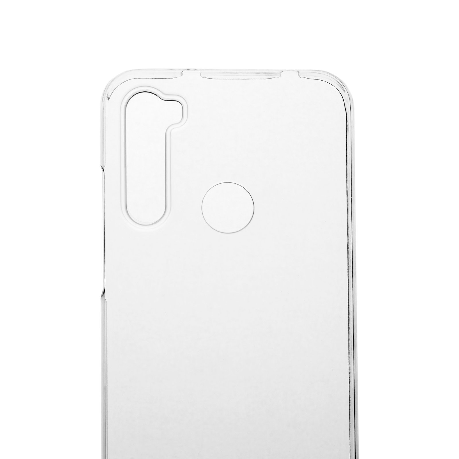 Una funda transparente para teléfono con un recorte para la cámara y un círculo. El fondo es blanco.