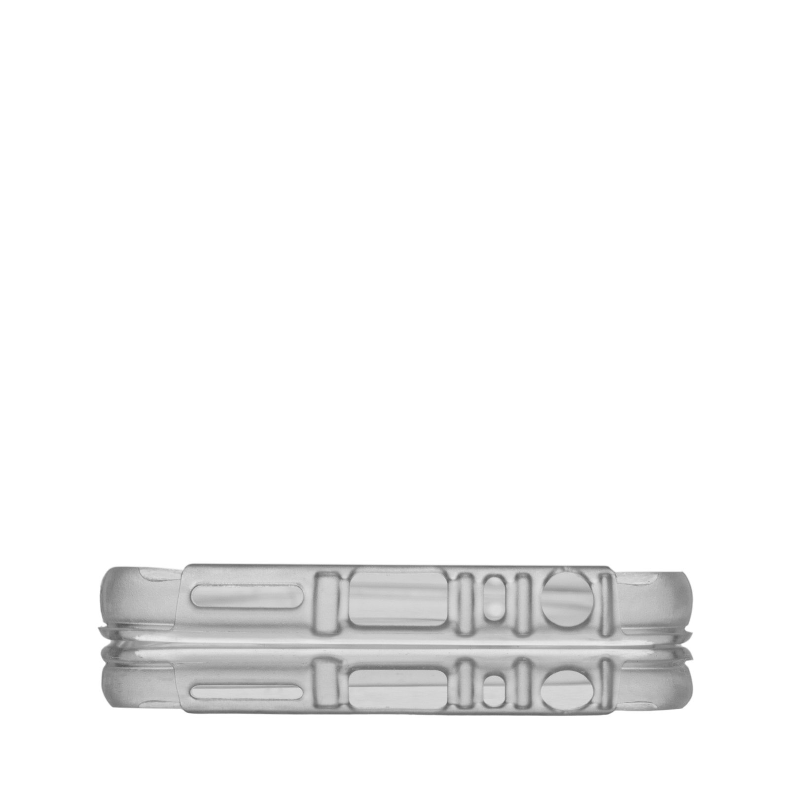Dos objetos rectangulares translúcidos, de color gris claro, apilados verticalmente. Cada uno tiene un diseño estampado con agujeros y crestas.