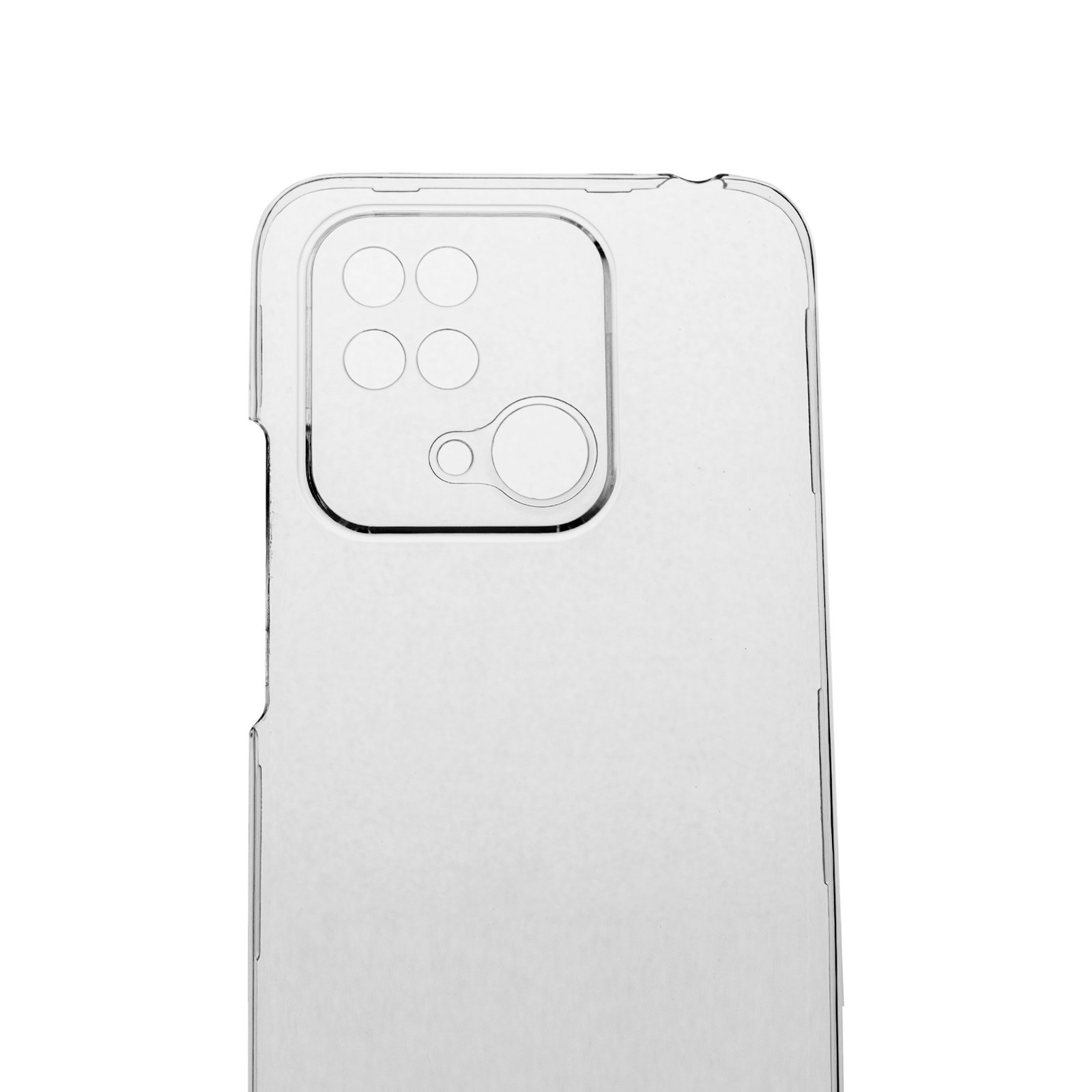 Se muestra una funda transparente para teléfono, con recortes para la cámara y una superficie lisa. El fondo es blanco.
