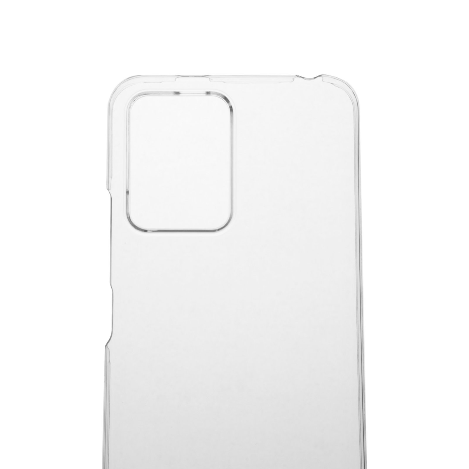 Funda transparente para teléfono con recorte de cámara. Fondo blanco. La funda es transparente.