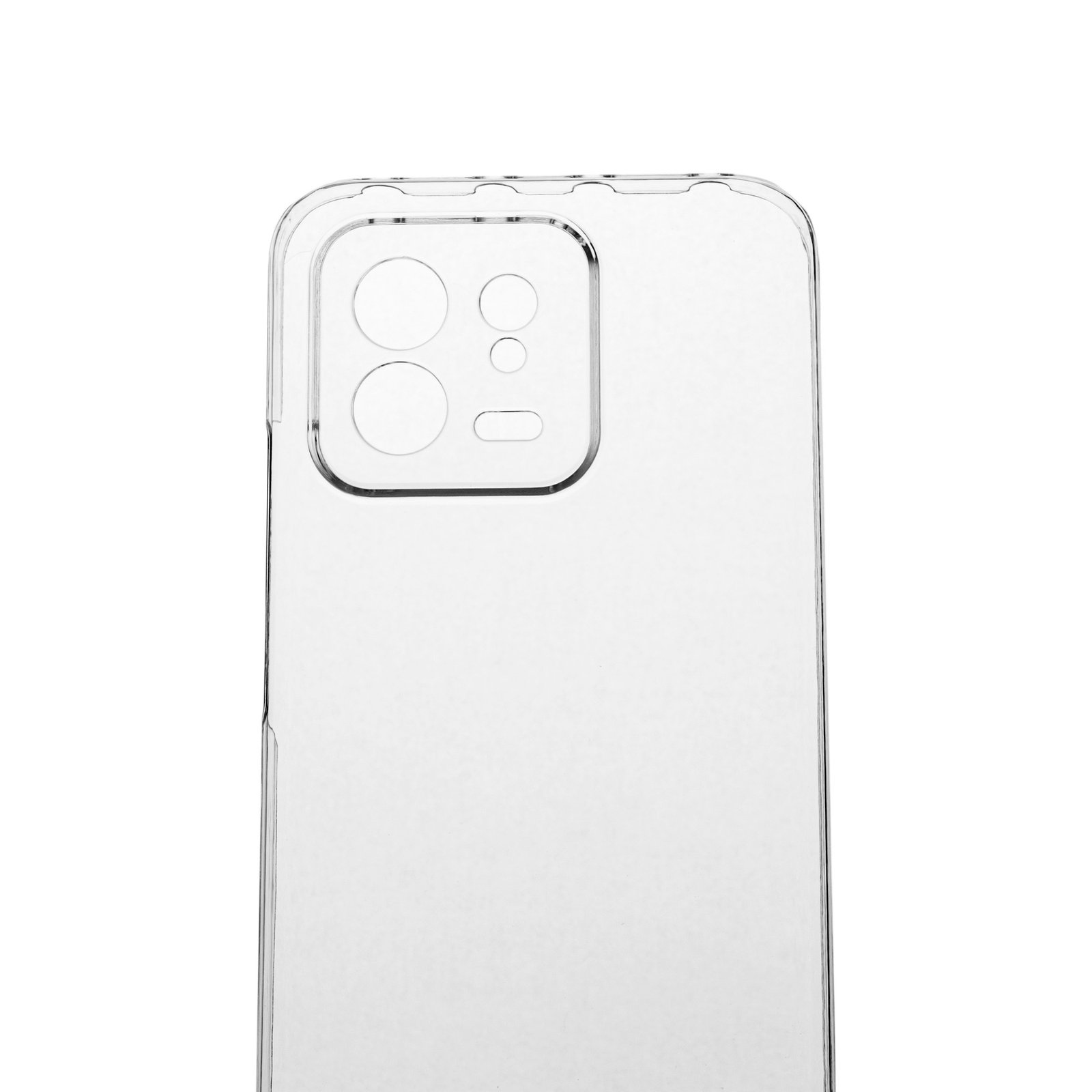 Funda transparente para teléfono con recortes para la cámara sobre un fondo blanco. La funda tiene esquinas redondeadas y es transparente.