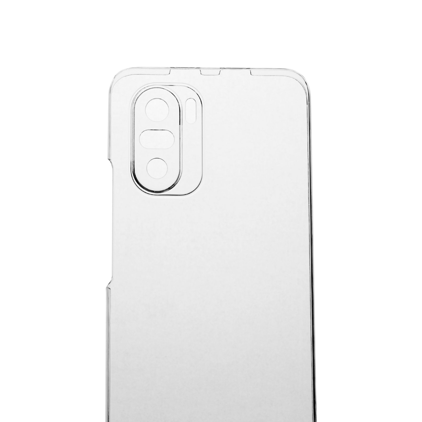 Se muestra una funda transparente para teléfono, con recortes para la cámara y los botones. El fondo es blanco.