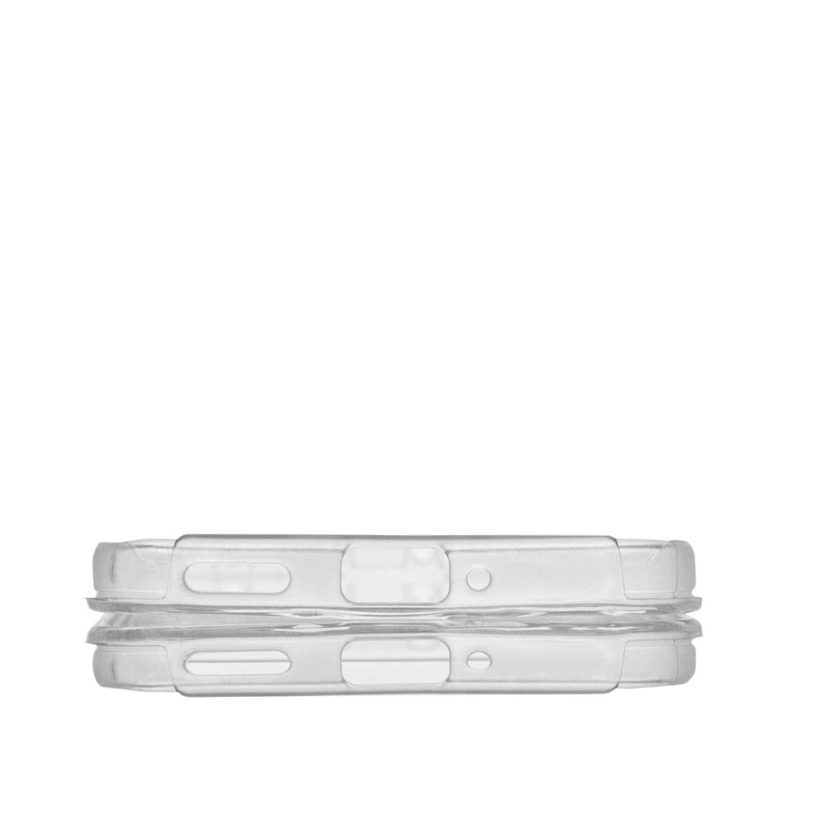Dos fundas transparentes para teléfonos apiladas, mostrando aberturas para botones y cámara sobre fondo blanco.