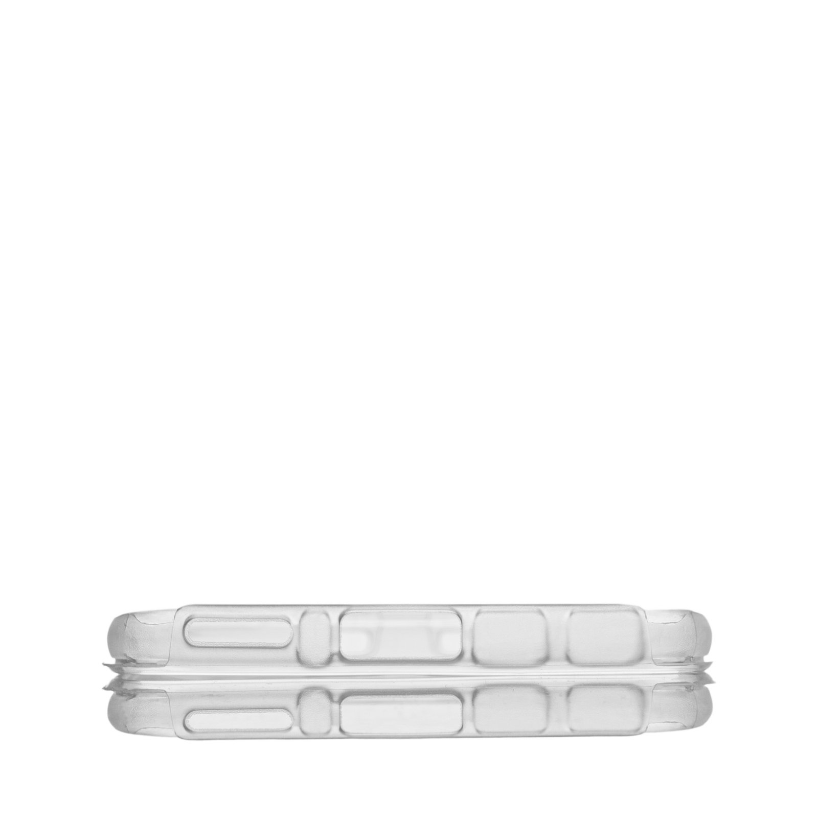 Una funda de teléfono rectangular transparente está centrada horizontalmente, sobre un fondo blanco. La funda es transparente.