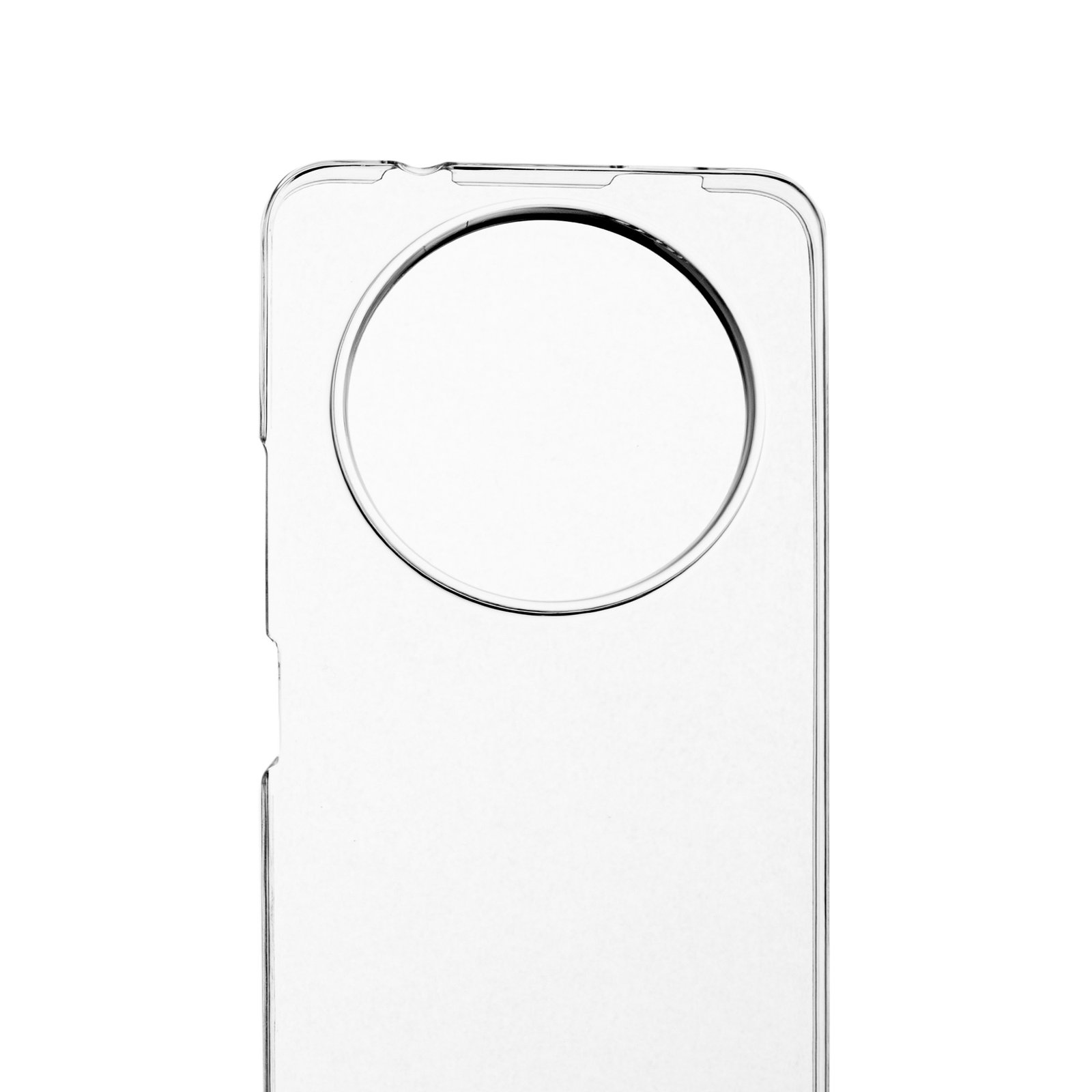 Una funda transparente para teléfono con un recorte circular para la cámara está centrada sobre un fondo blanco. Primer plano.