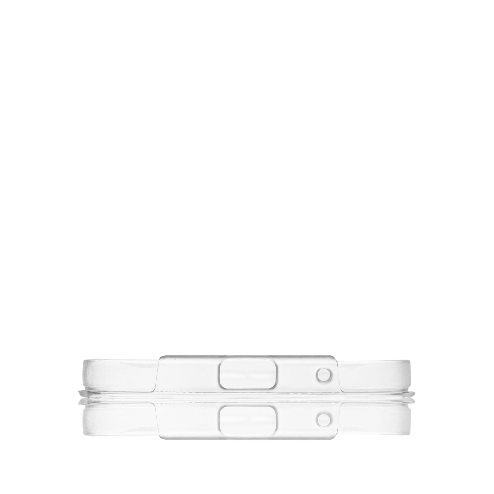 Funda de teléfono de plástico transparente, dos partes, en posición horizontal. Fondo blanco. La parte superior tiene aberturas, la inferior igual.
