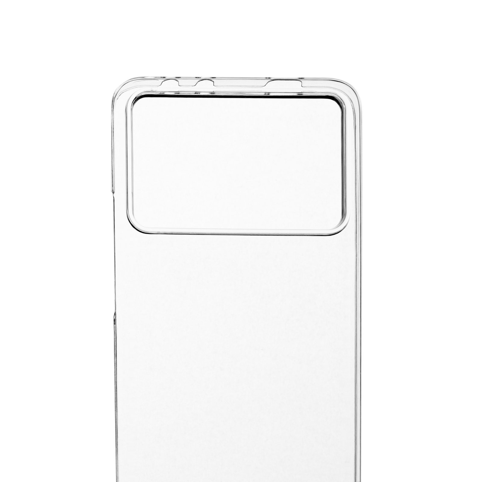 Funda transparente. Recorte rectangular para cámara. Plástico transparente, fondo blanco. Borde superior con cortes.
