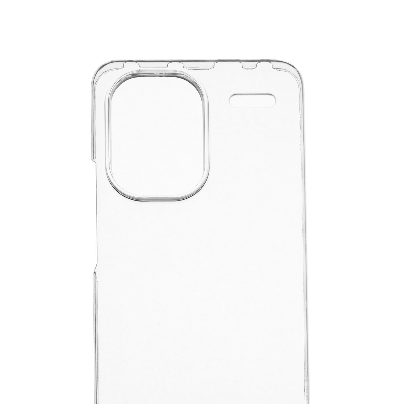 Una funda transparente para teléfono, con recortes para cámara y botones. Sobre un fondo blanco. La funda es transparente.