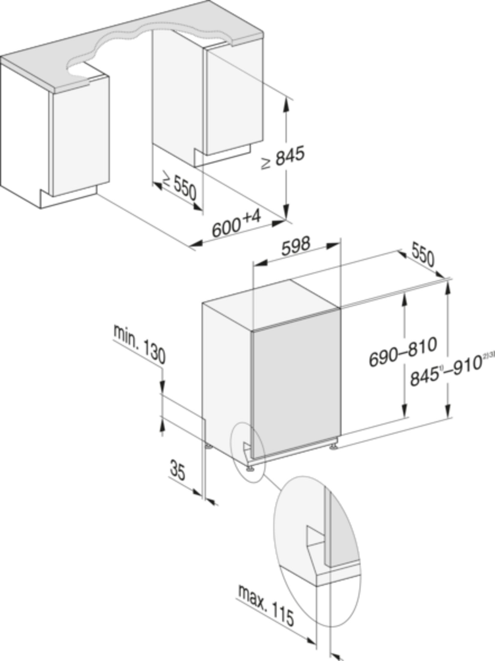 Diagramm eines Einbaugeräts mit Maßangaben in Millimetern. Es zeigt Abmessungen eines Geschirrspülers und der umgebenden Schränke.