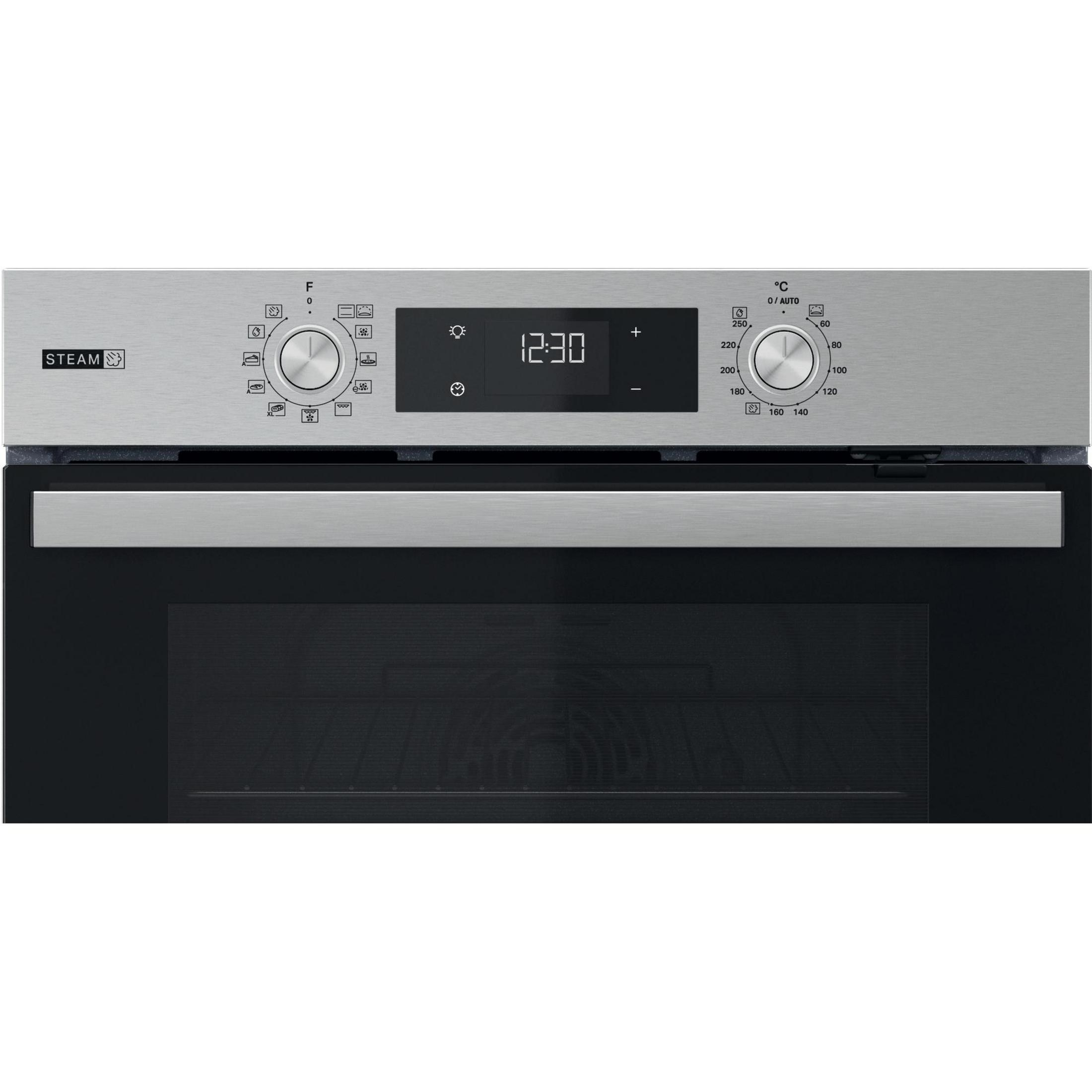 Ein Edelstahl-Backofen mit Digitaluhr, zwei Drehknöpfen und einer schwarzen Ofentür.