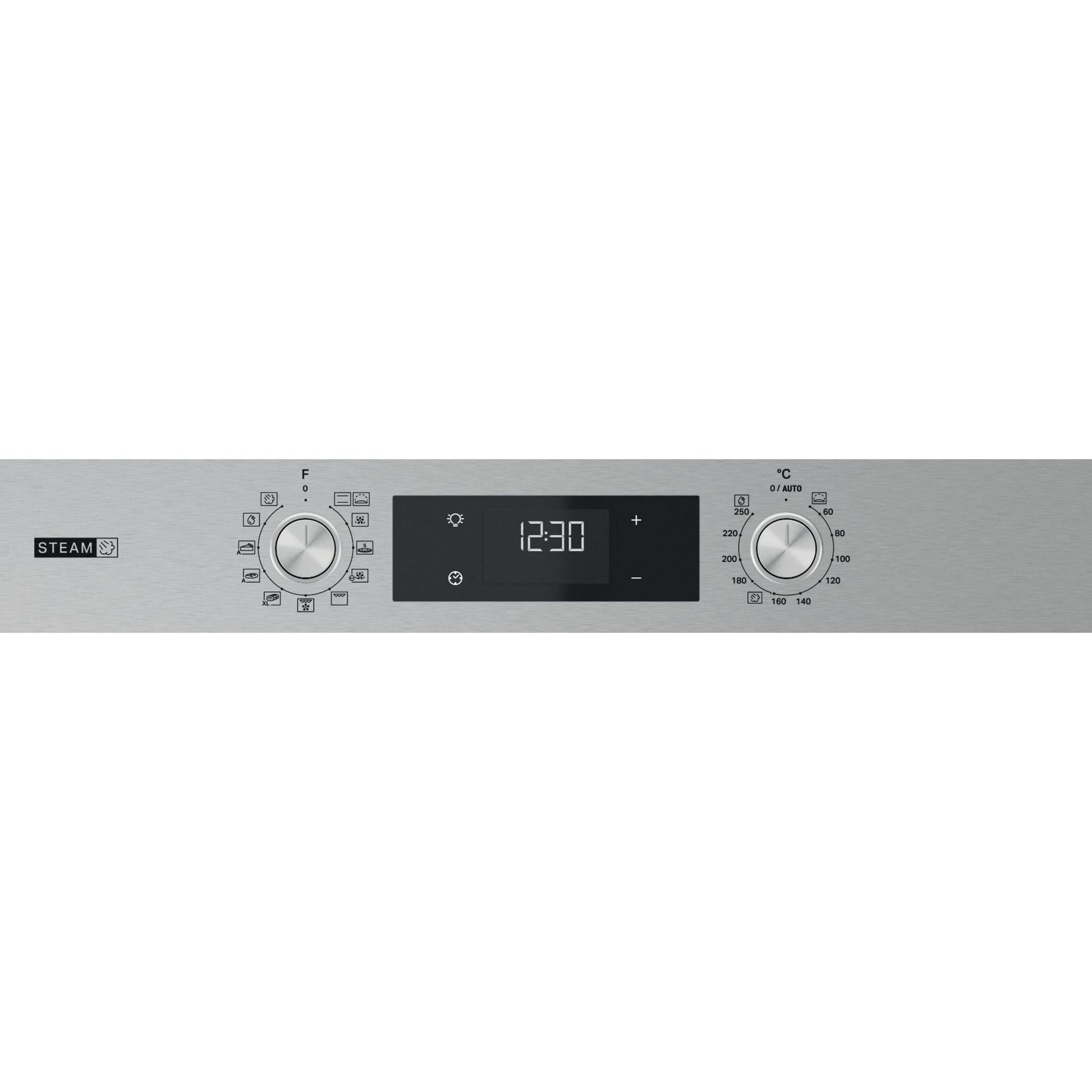 Backofen-Bedienfeld mit Digitaluhr, die 12:30 anzeigt, Drehknöpfen und Temperatureinstellungen. Edelstahl-Finish.