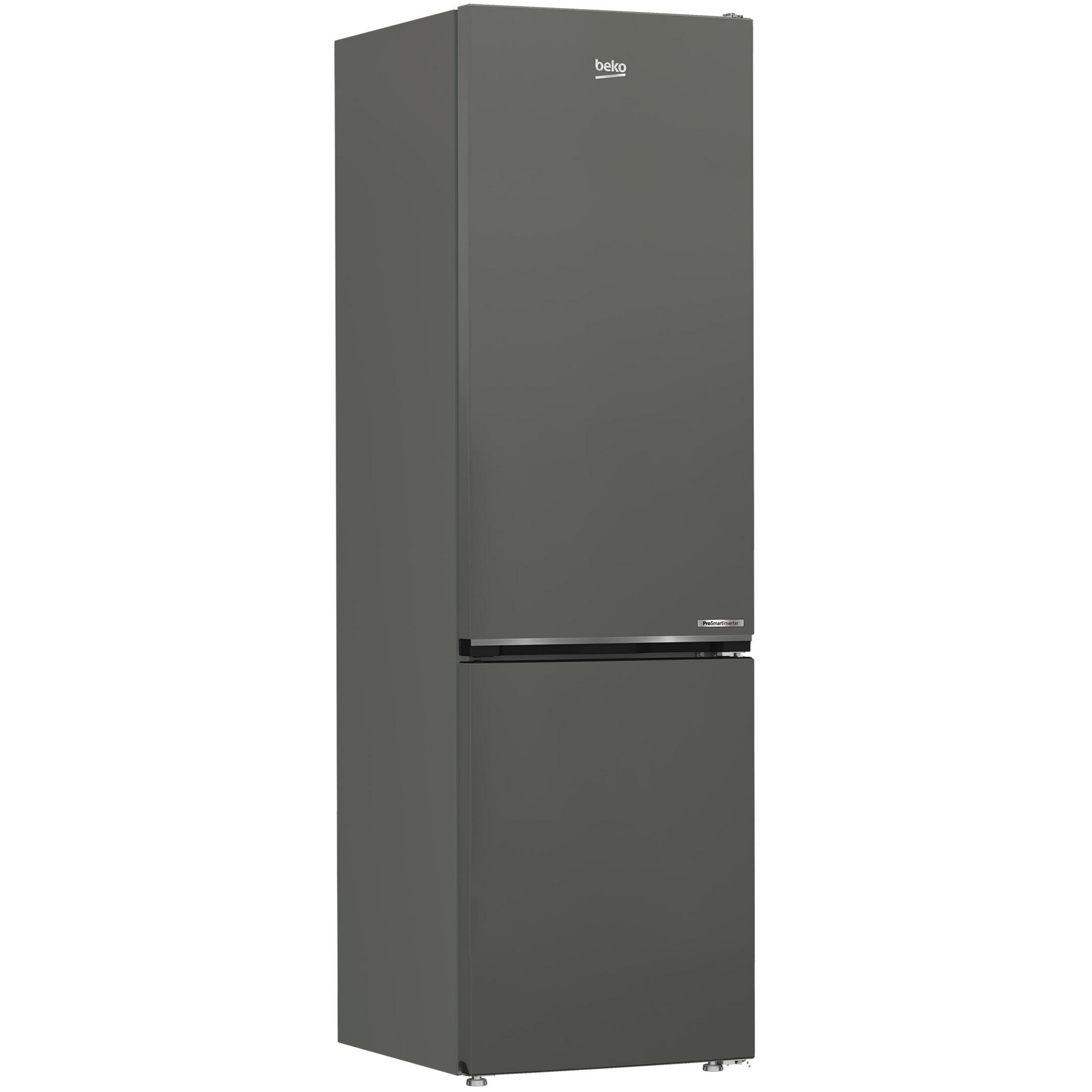 Un frigorifero Beko grigio. Ha due porte, quella superiore è più alta. Il logo Beko è in alto.