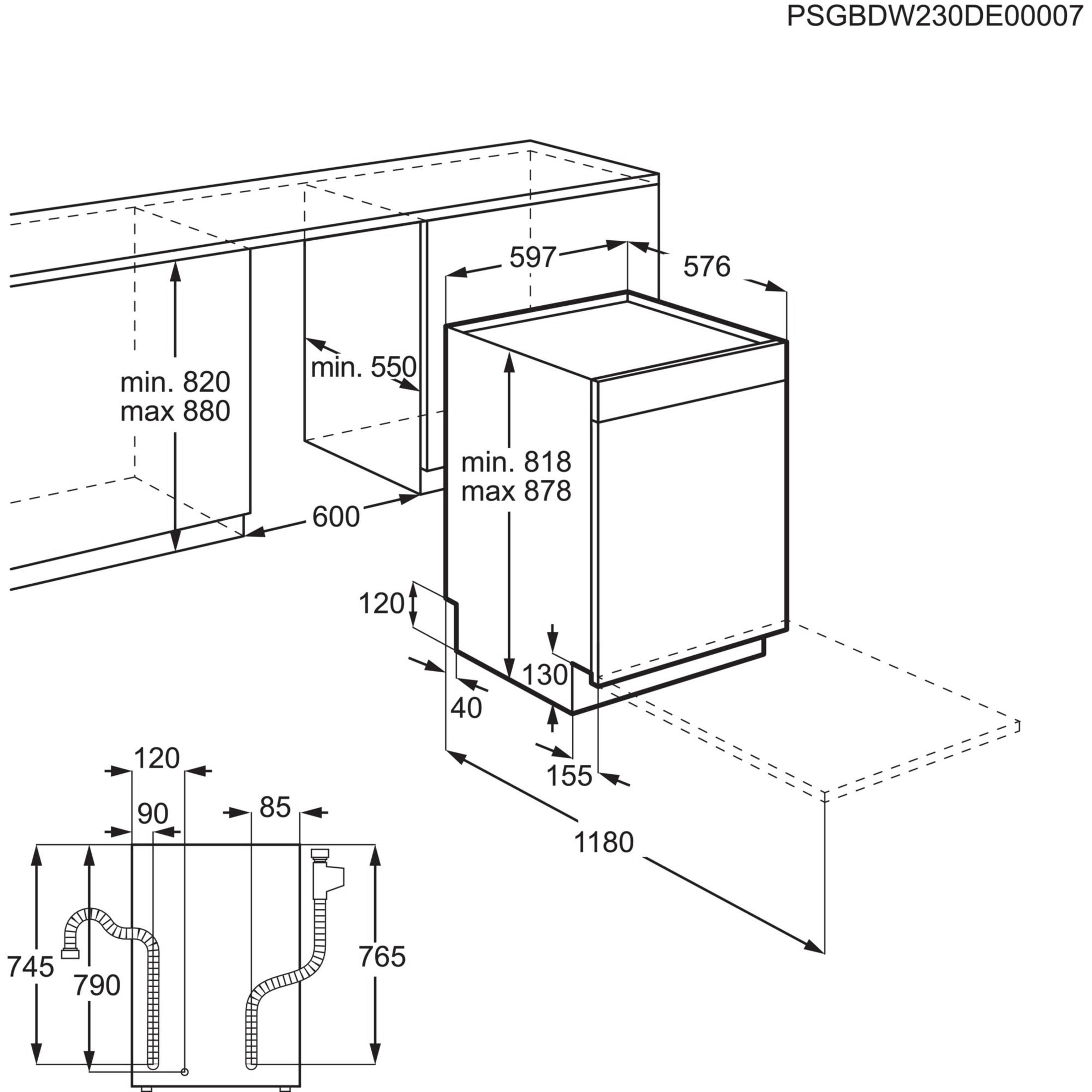 Diagramm einer Spülmaschine mit Maßangaben in Millimetern, Installationsspezifikationen und Sanitärdetails.