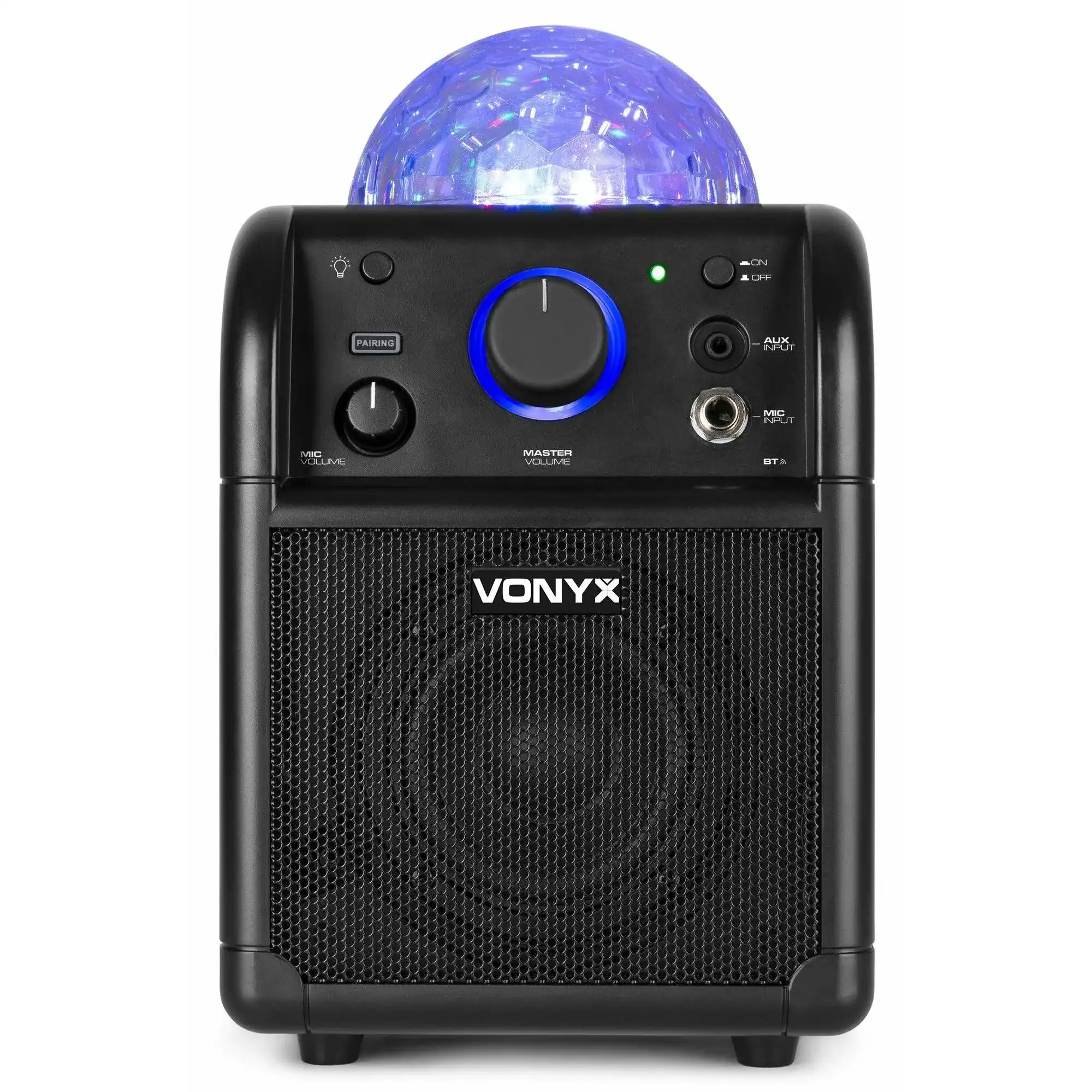 Un altoparlante Vonyx nero con una palla da discoteca in cima. Ha una manopola del volume e prese di ingresso. L'altoparlante è davanti a uno sfondo bianco.