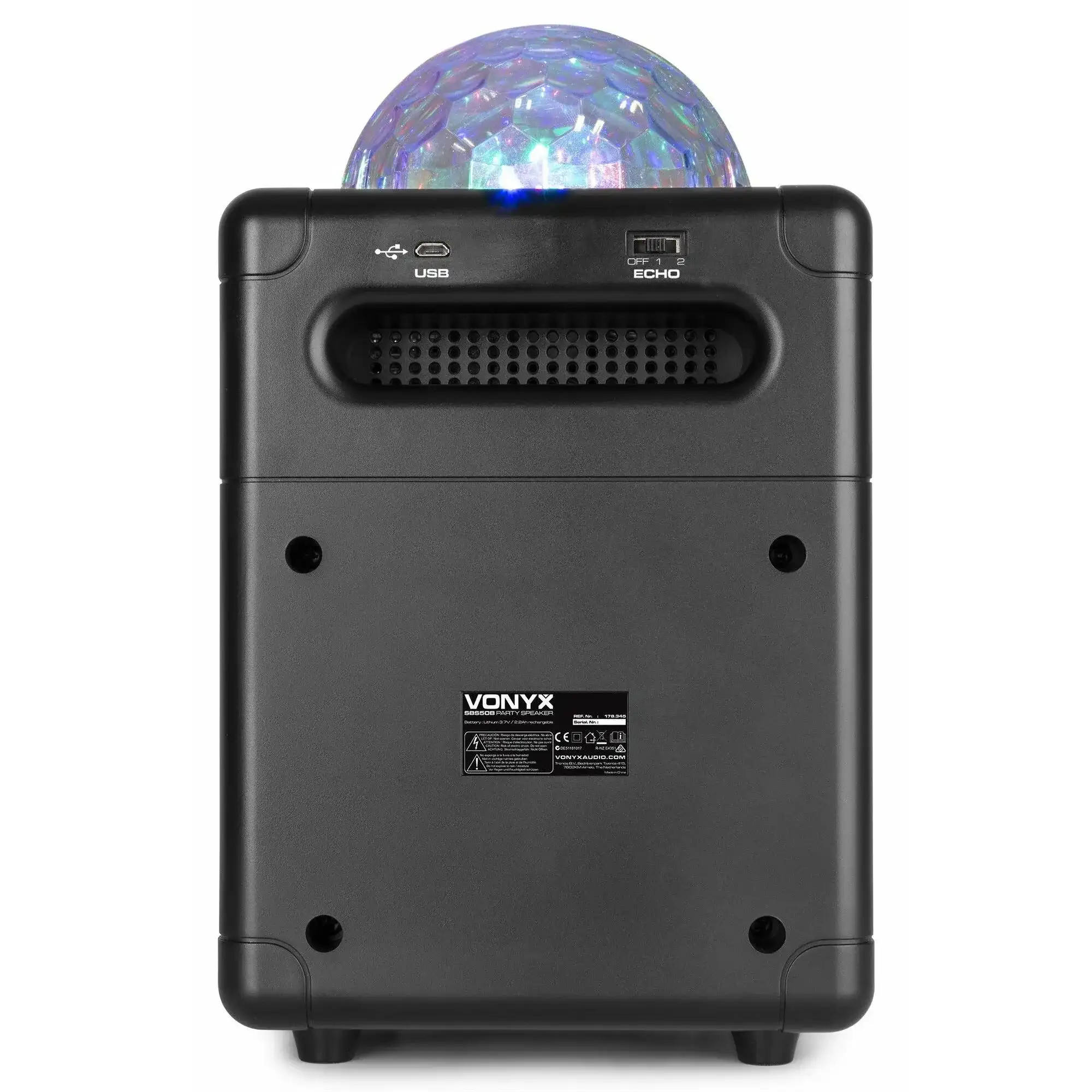 Altoparlante da festa Vonyx nero con sfera da discoteca sopra. Dispone di USB, impostazioni ECHO e un'etichetta del prodotto con avvertenze.
