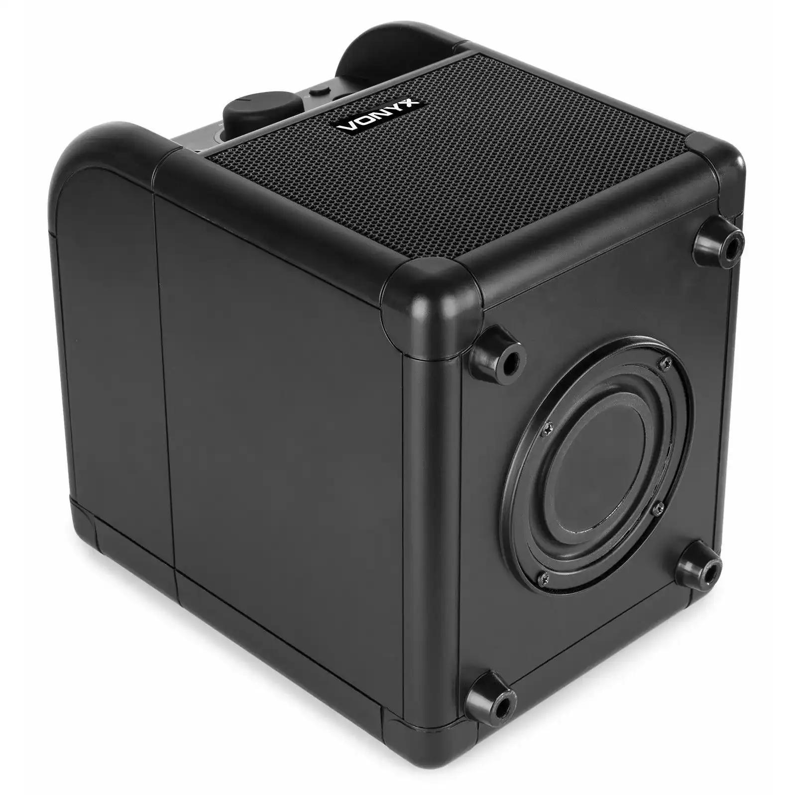 Altoparlante nero a forma di cubo. Ha una parte superiore in rete e un altoparlante circolare su un lato. Il marchio 'VONYX' è visibile.