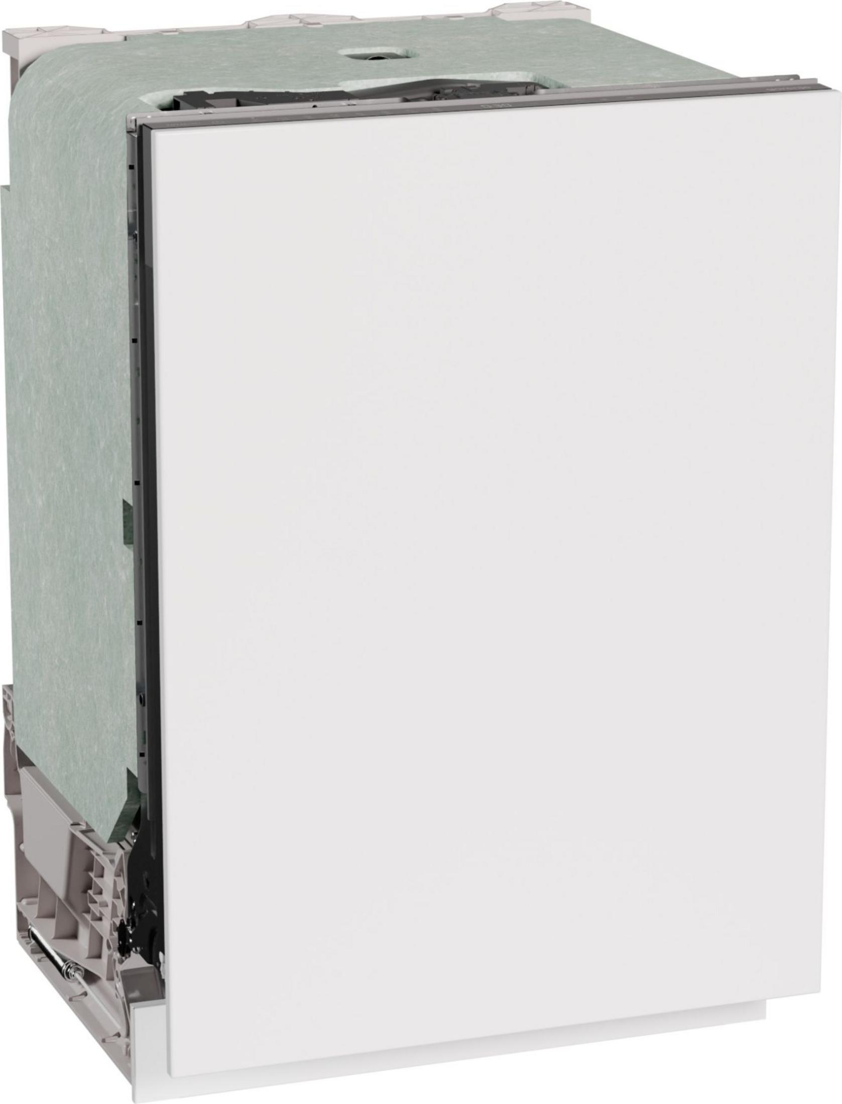 Białe drzwi zmywarki. Bok pokazuje szarą izolację i elementy wewnętrzne. Góra ma szarą powierzchnię.