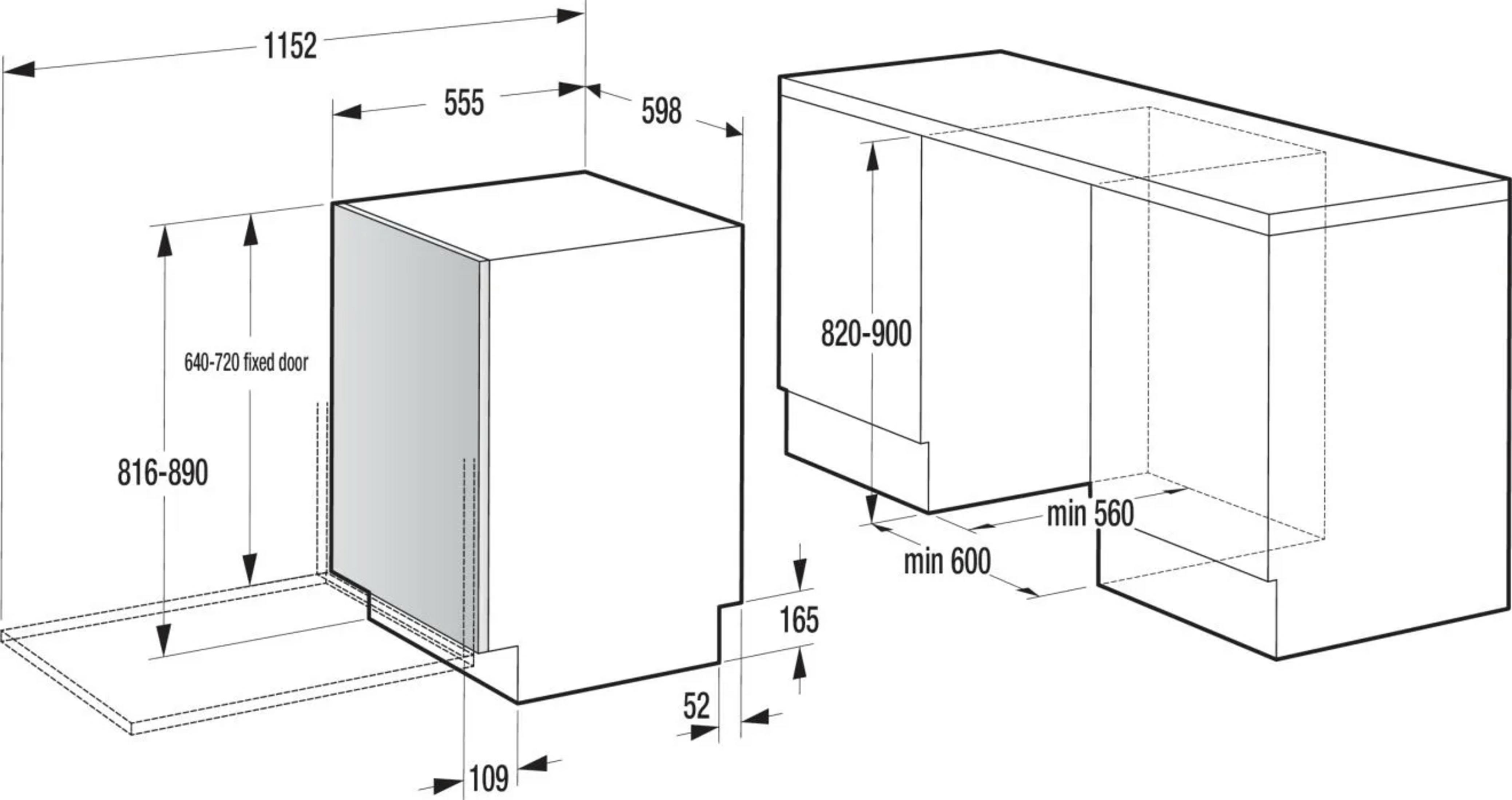 Diagramm eines Küchengeräts. Die Abmessungen in Millimetern sind beschriftet, einschließlich Höhe, Breite und Tiefe.