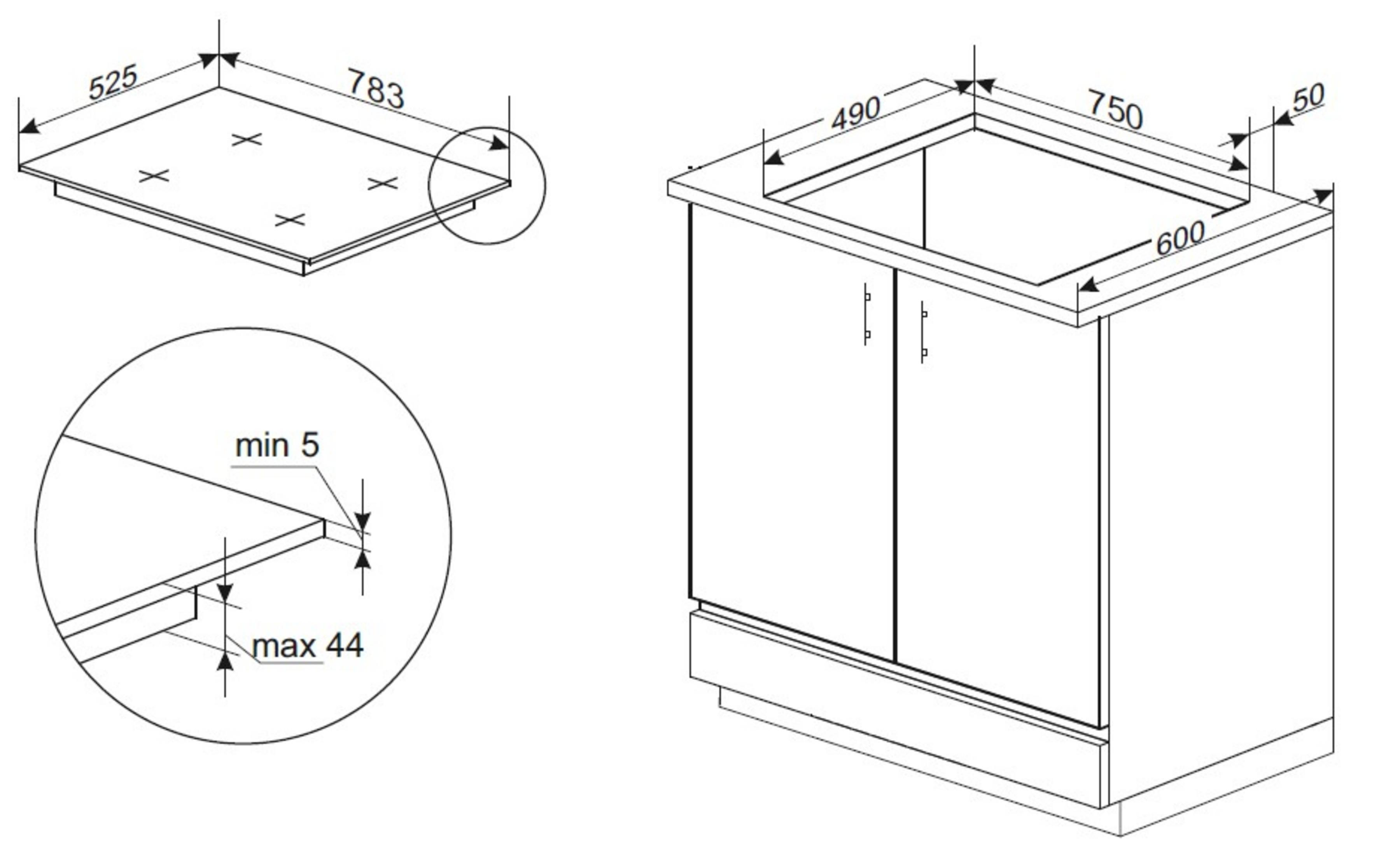 Ein Diagramm mit den Abmessungen eines Küchenschranks und Kochfelds, mit Maßangaben in Millimetern. Enthält Details zu Schrank und Kochfeld.