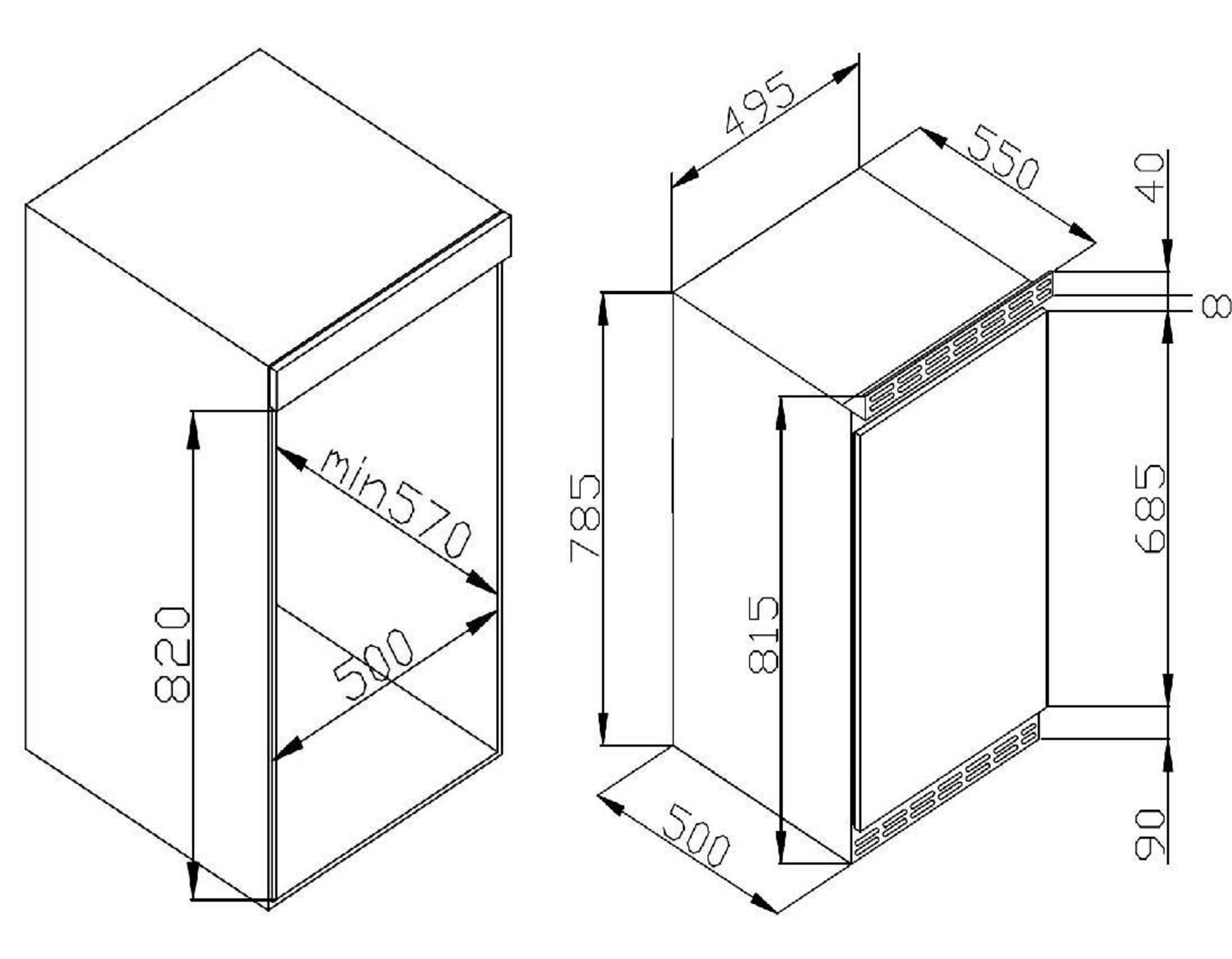 Diagramm eines Schranks mit Maßen in Millimetern. Es zeigt Seiten- und Vorderansichten mit verschiedenen Maßen.