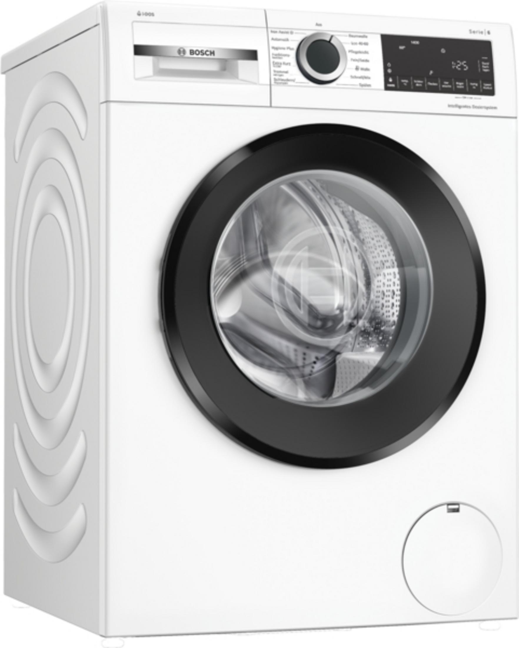 Eine weiße Bosch-Waschmaschine. Sie hat eine schwarze Tür, ein Bedienfeld und eine kleine Tür unten rechts.