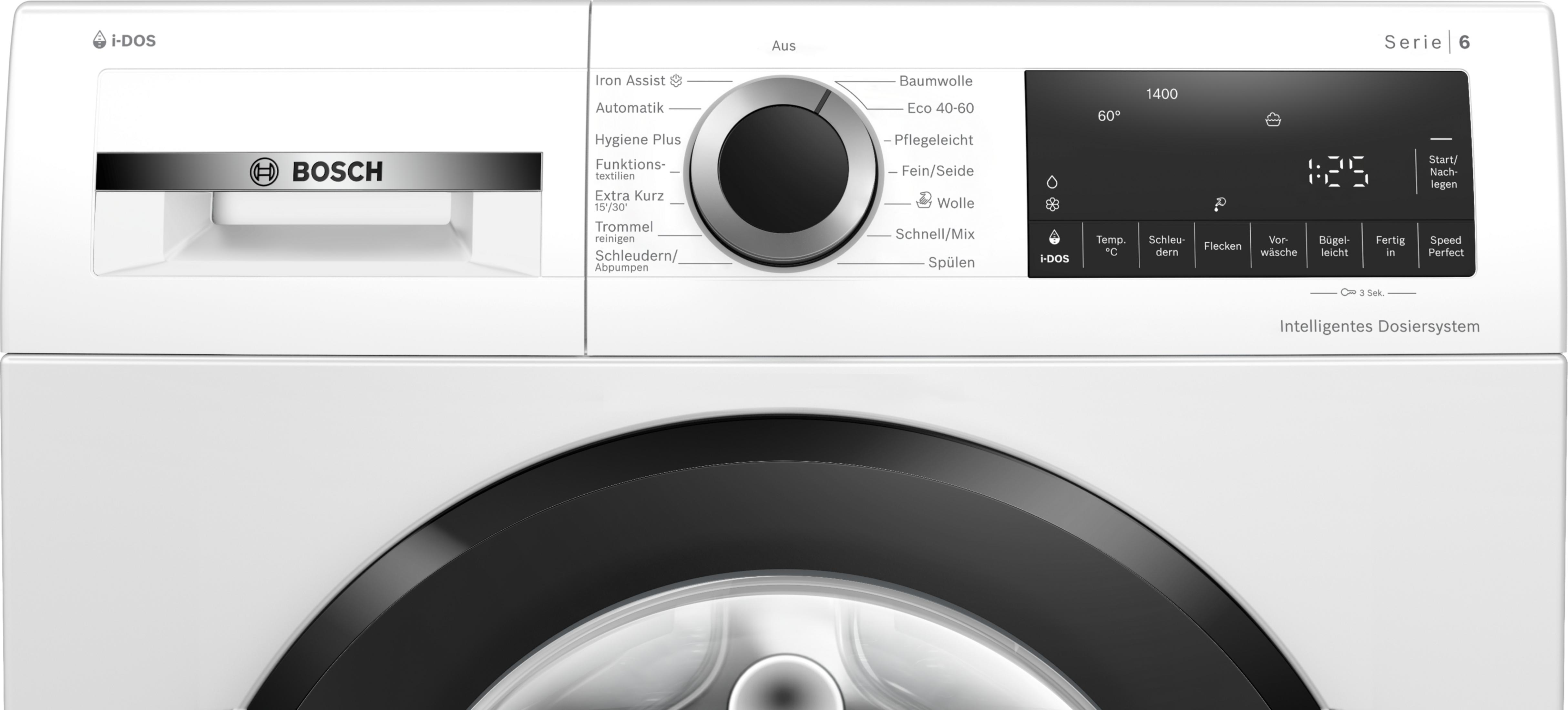 Eine weiße Bosch-Waschmaschine mit schwarzer Tür und Bedienfeld. Zeigt Programmoptionen und einen Digitaltimer an.