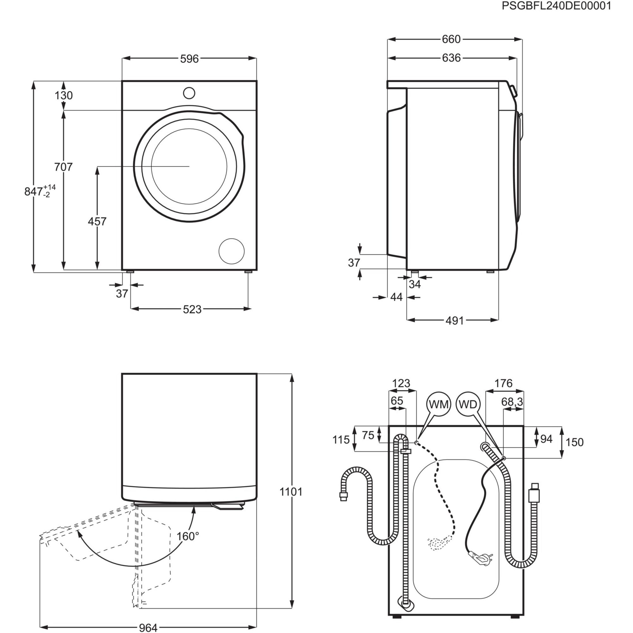 Diagramm zeigt eine Waschmaschine mit Abmessungen. Vorder-, Seiten- und Draufsicht mit Maßangaben in mm.