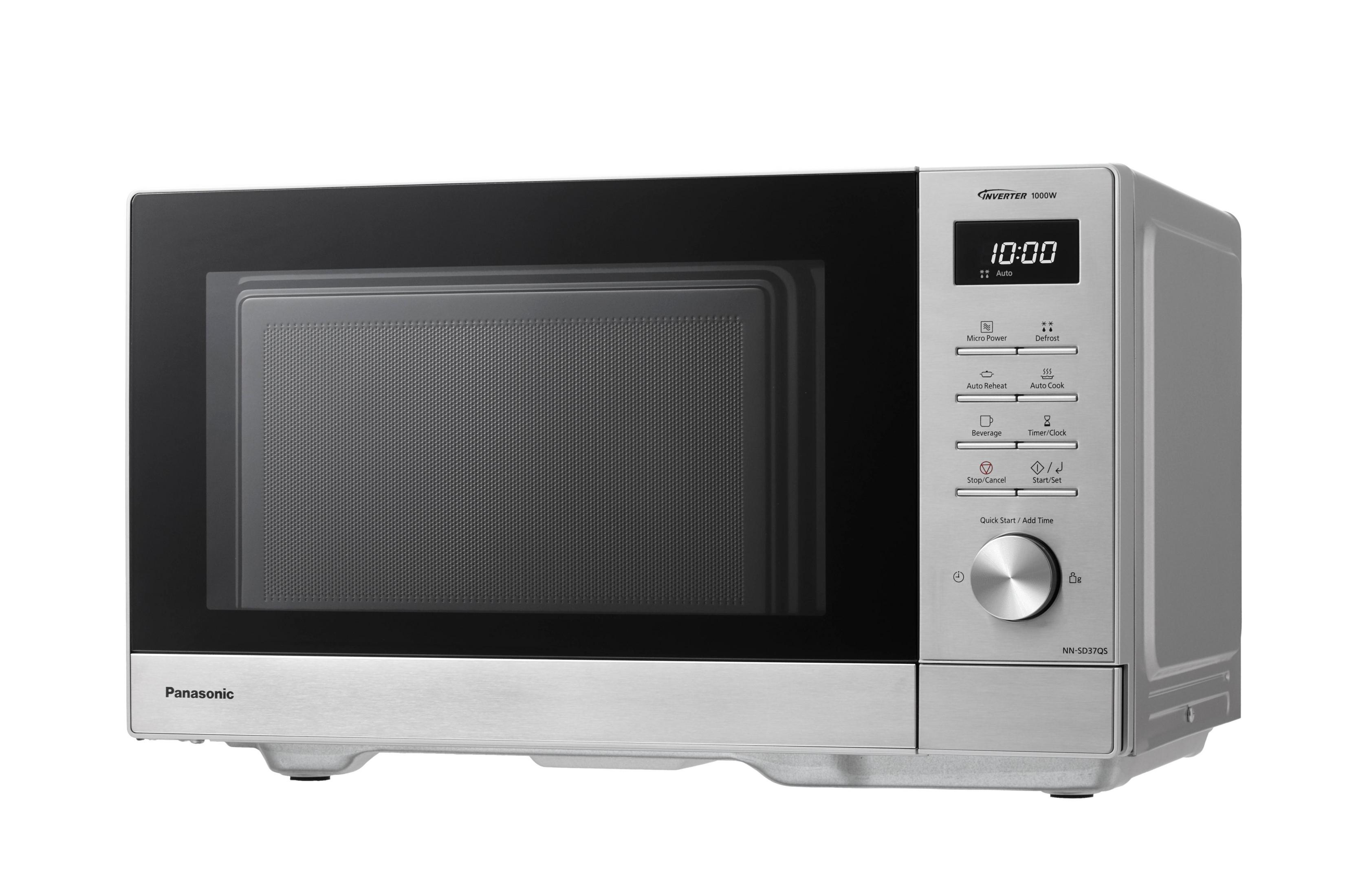 Un forno a microonde Panasonic argentato. Ha un orologio digitale che mostra le 10:00. I pulsanti includono alimentazione, sbrinamento, riscaldamento e cottura.