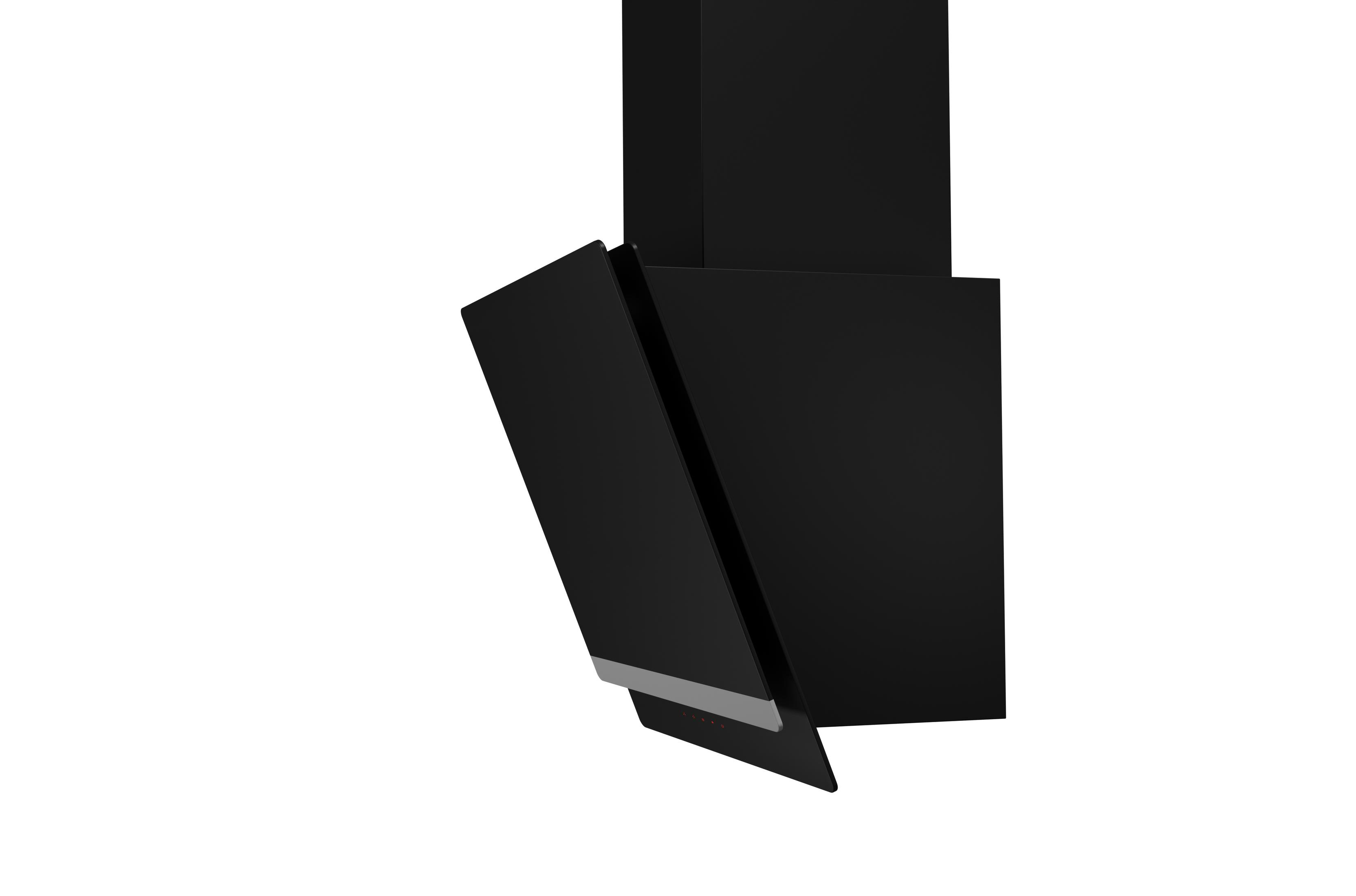 Eine schwarze Dunstabzugshaube auf weißem Hintergrund. Sie ist abgewinkelt und hat ein schlankes, modernes Design.