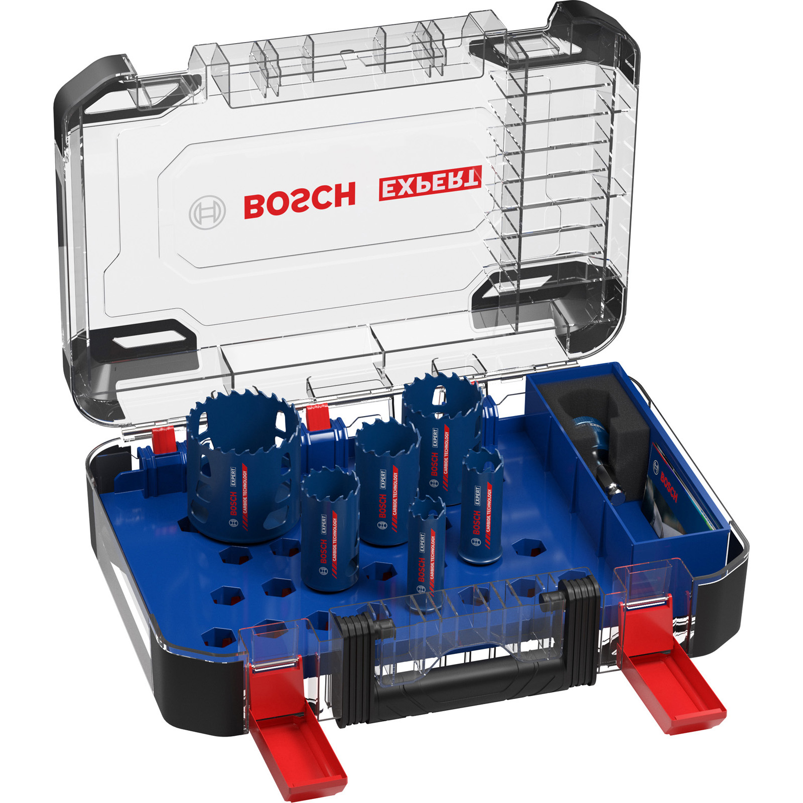 Offene transparente Werkzeugkiste mit blauem Innenraum. Enthält blaue Lochsägen und einen Bohrer. Das Bosch-Logo ist sichtbar.