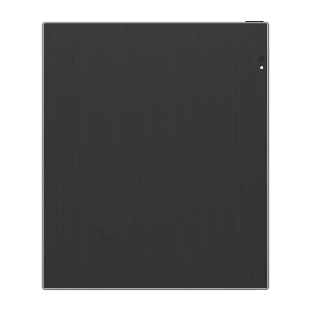 Ciemnoszary tablet ze srebrną ramką i pionową szczotkowaną metalową fakturą. Ma kropkę kamery w prawym górnym rogu.