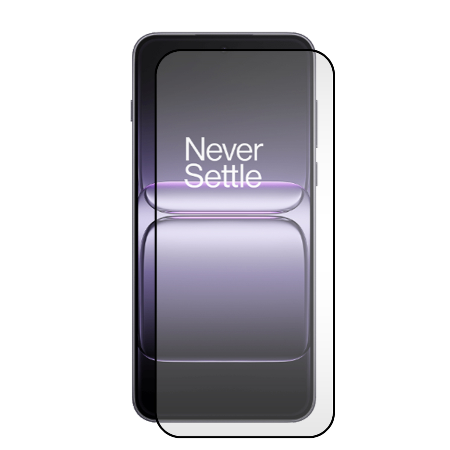 Smartphone met screenprotector. Telefoon toont "Never Settle" op een paarse achtergrond. Zwarte rand.