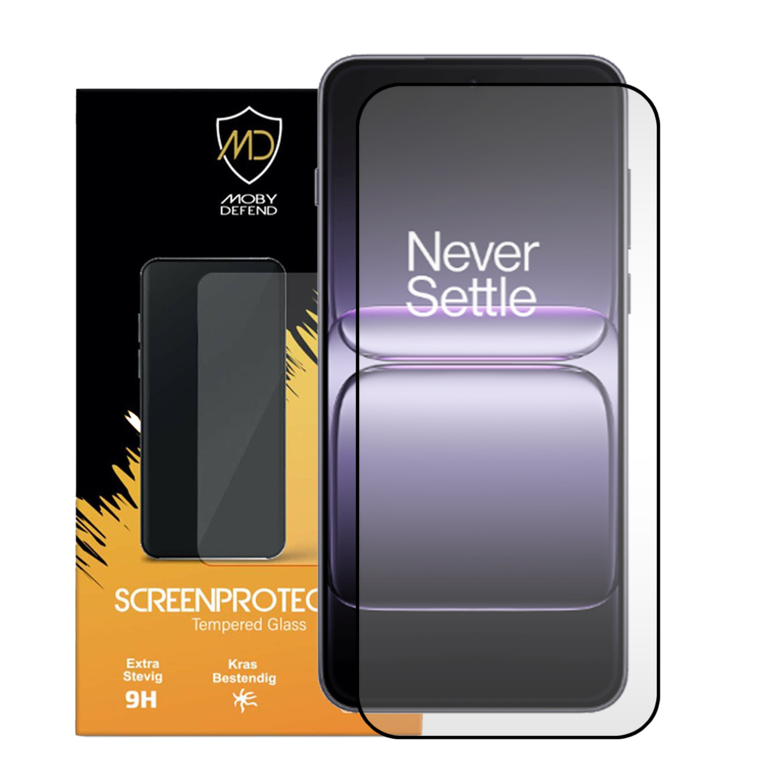 Een schermbeschermer met de tekst "Never Settle" op het telefoonscherm. De doos bevat het merklogo en productdetails.