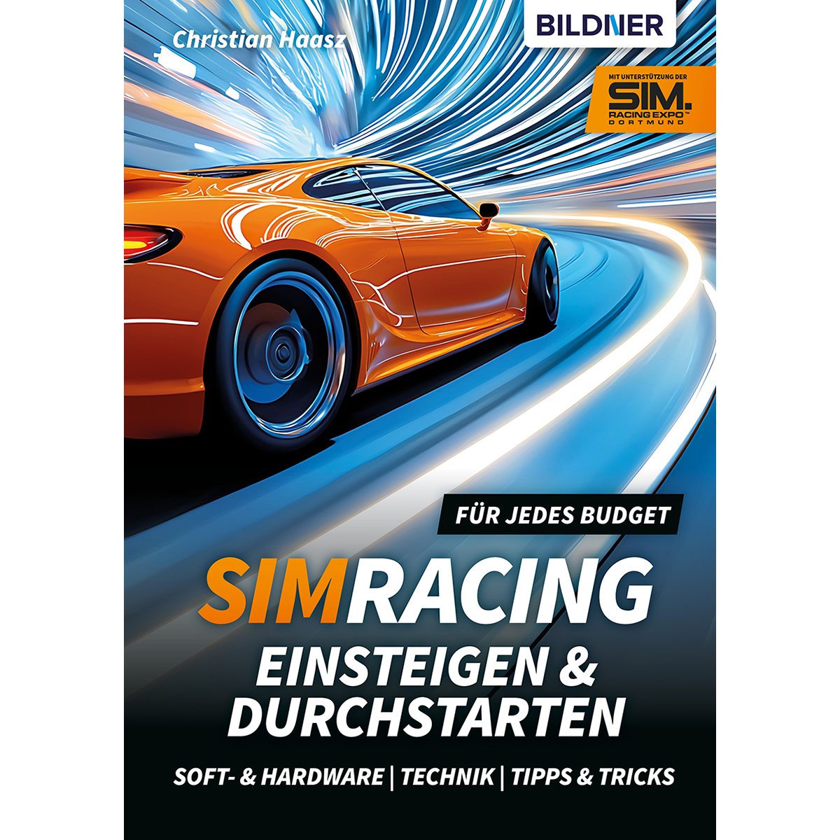 Orangener Sportwagen auf blauer Strecke mit Text "Simracing" und Autorennamen. Logo der Racing Expo sichtbar.