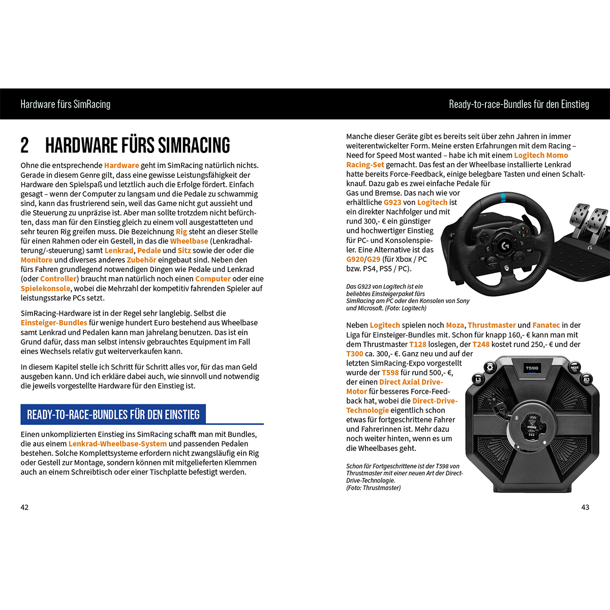 Seitenlayout mit Text und Bildern, das die Sim-Racing-Hardware, einschließlich Lenkräder und Pedale, diskutiert.