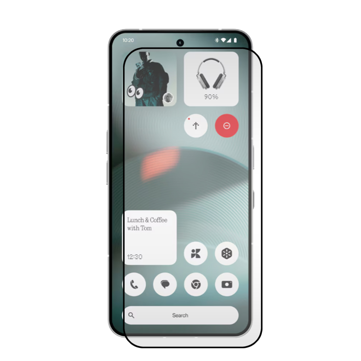 Smartphone scherm met een startscherm met widgets, pictogrammen en een zoekbalk. De tijd is 10:20. De koptelefoonwidget toont 90% batterij.