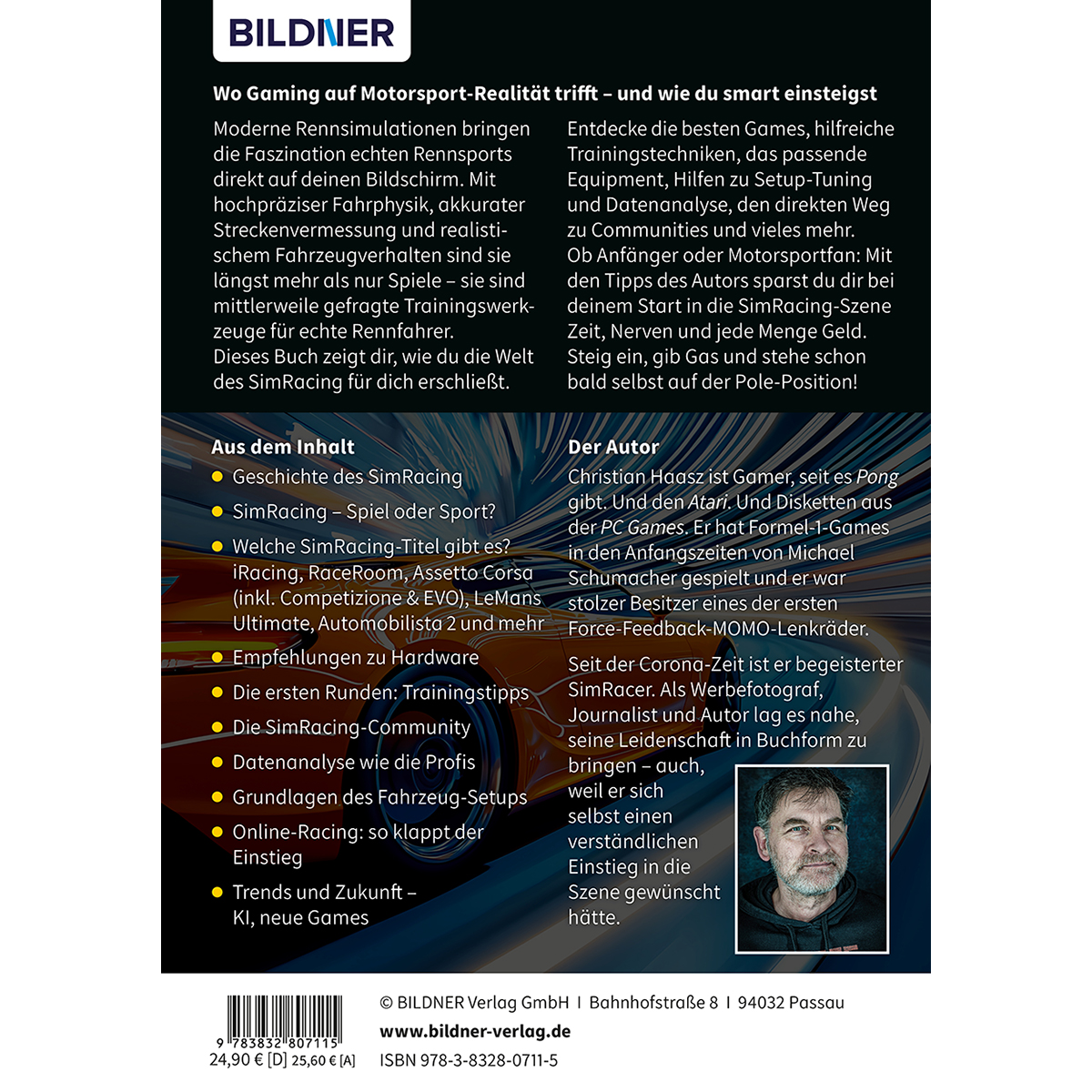 Buchcover mit Text, Foto eines Mannes und Logo. Es geht um Sim-Racing und den Einstieg.