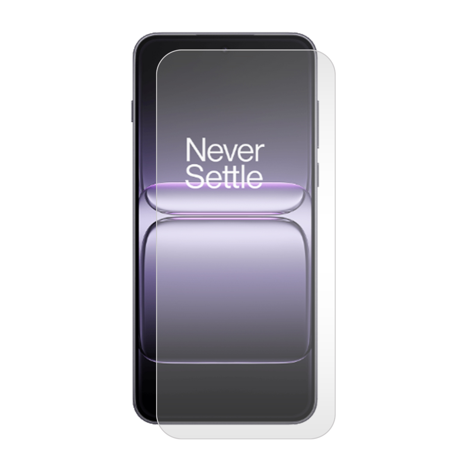 Een smartphone met een schermbeschermer, met 'Never Settle'. Het scherm is paars-grijs, met een transparante beschermer.