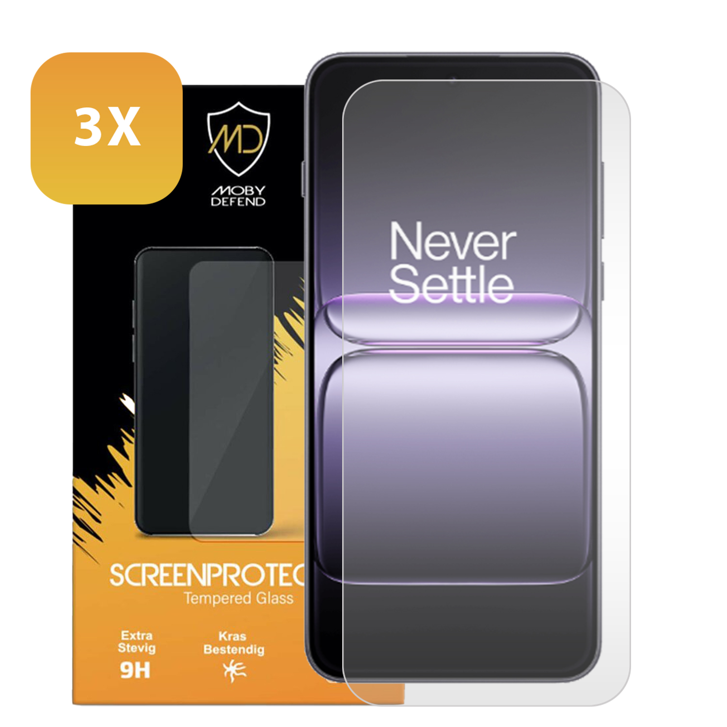 Een telefoonbeschermer doos met een telefoon en de tekst Never Settle. De doos heeft branding Moby Defend, Screenprotec en 3X.