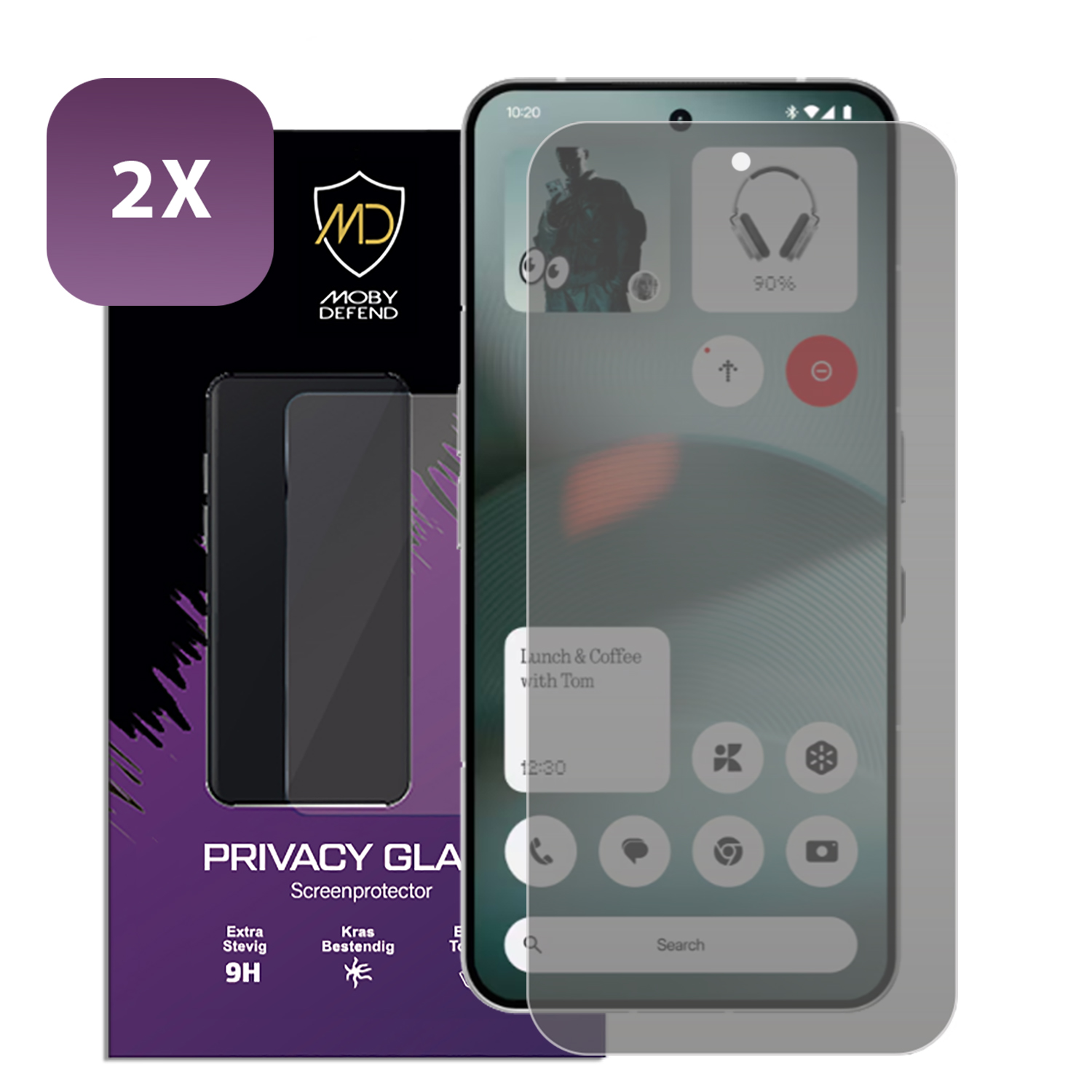 Protecteur d'écran avec téléphone affichant des applications. L'emballage indique 'Privacy Glass' et '2X'. Le téléphone affiche l'heure et les applis.