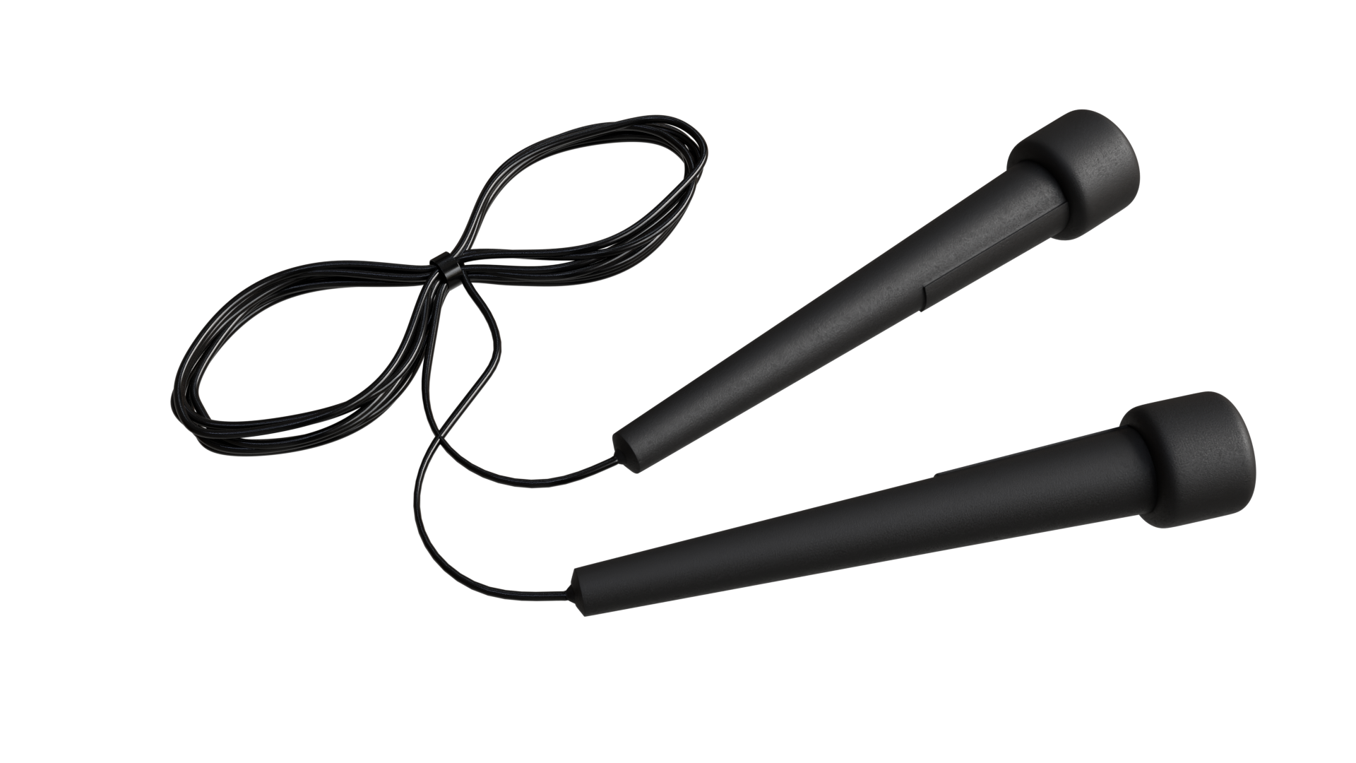 Corde à sauter noire sur fond noir. Deux poignées et une fine corde sont visibles. La corde est enroulée.