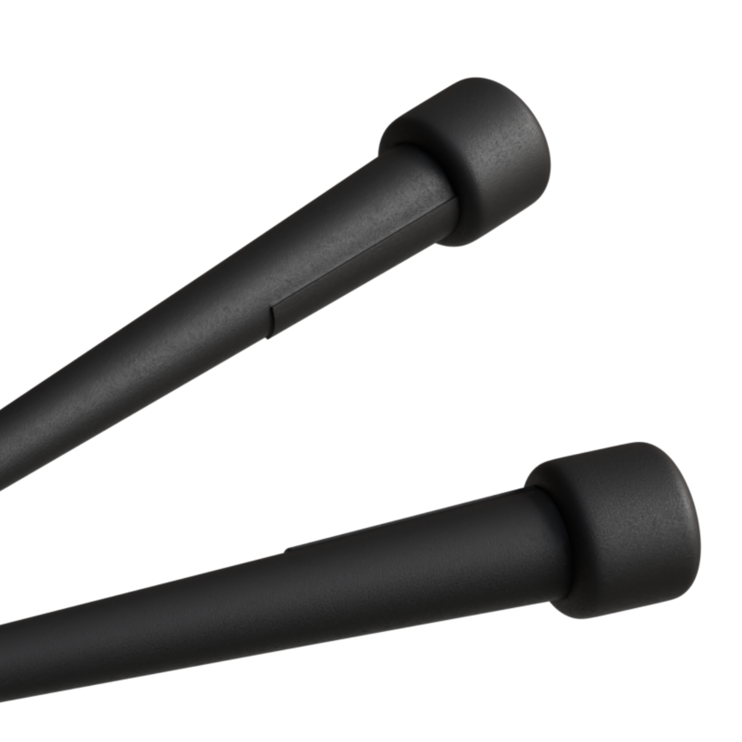 Deux objets noirs et cylindriques avec des extrémités arrondies sont inclinés sur un fond blanc. Ils semblent être des poignées ou des parties d'une tige.