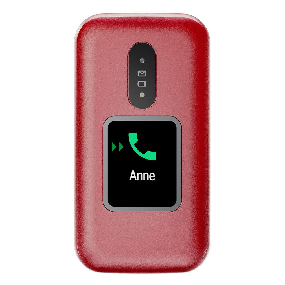 Czerwony telefon z klapką z czarnym ekranem, na którym widnieje ikona telefonu i napis 'Anne'. U góry znajdują się światła. Telefon prawdopodobnie odbiera połączenie.