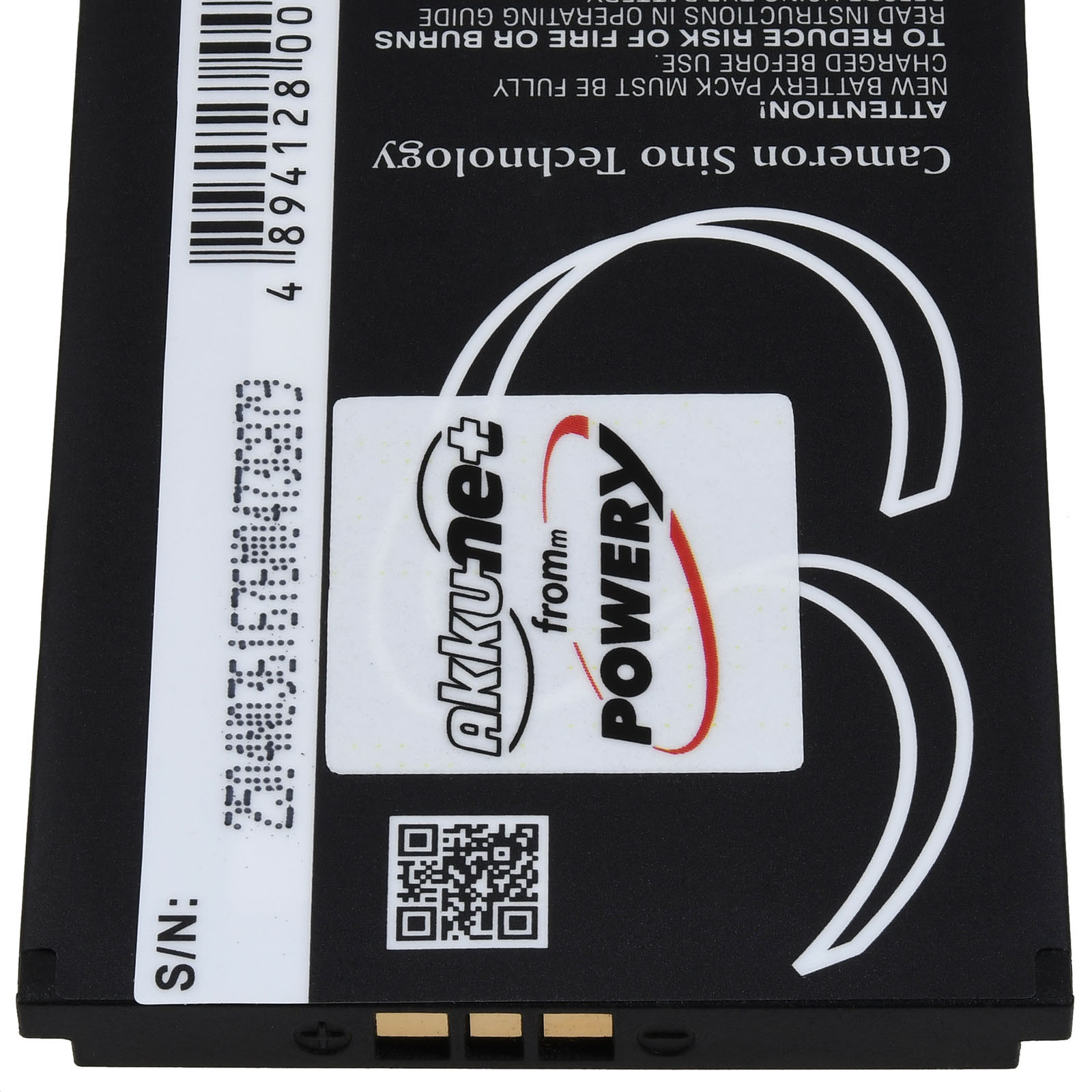 Batería negra con etiqueta blanca, logotipo Akku-net Power. Código de barras y QR presentes. Texto: Cameron Sino Technology.