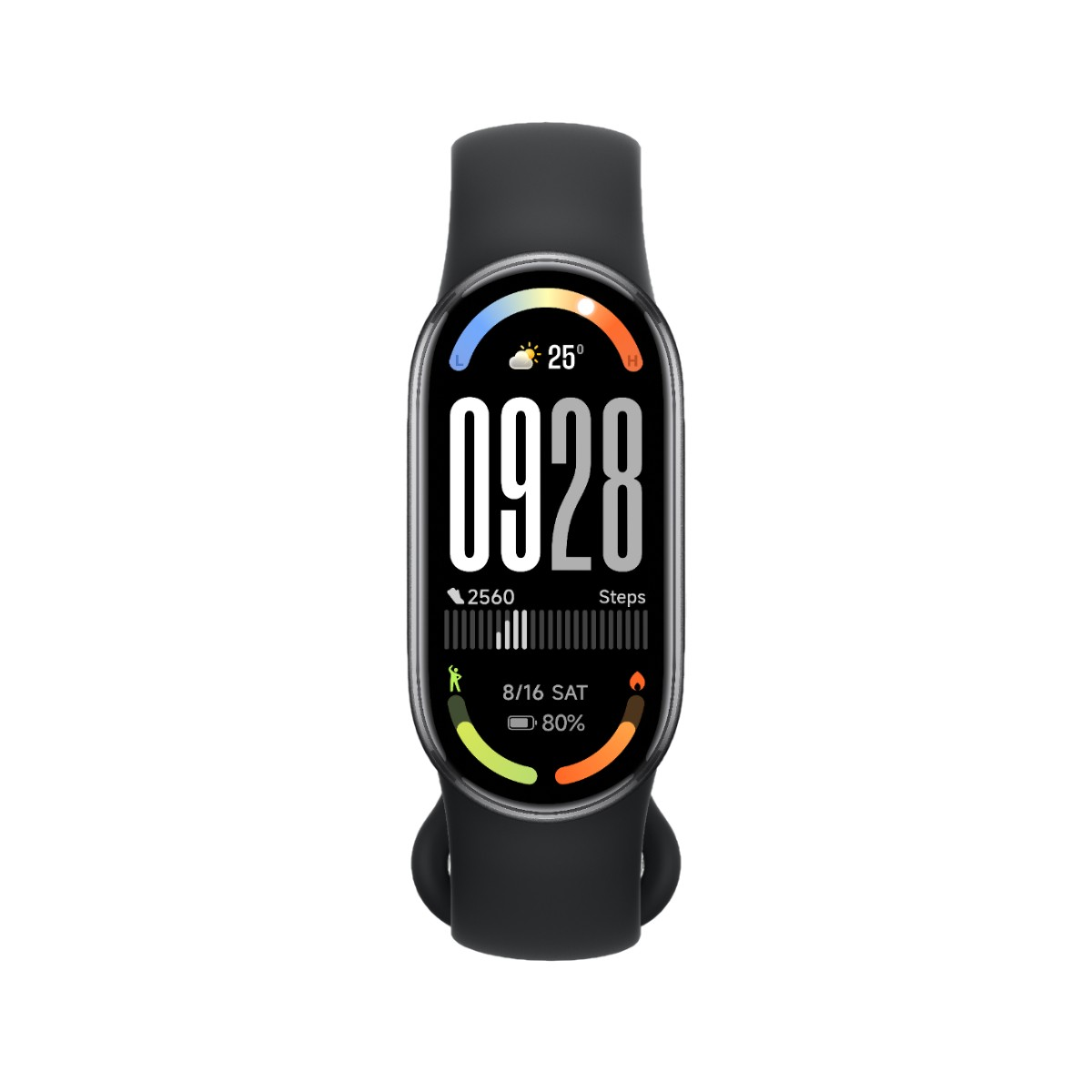 Lo smartwatch nero mostra ora, passi, data e livello batteria. Il display ha cifre bianche su sfondo nero. Anche il cinturino è nero.