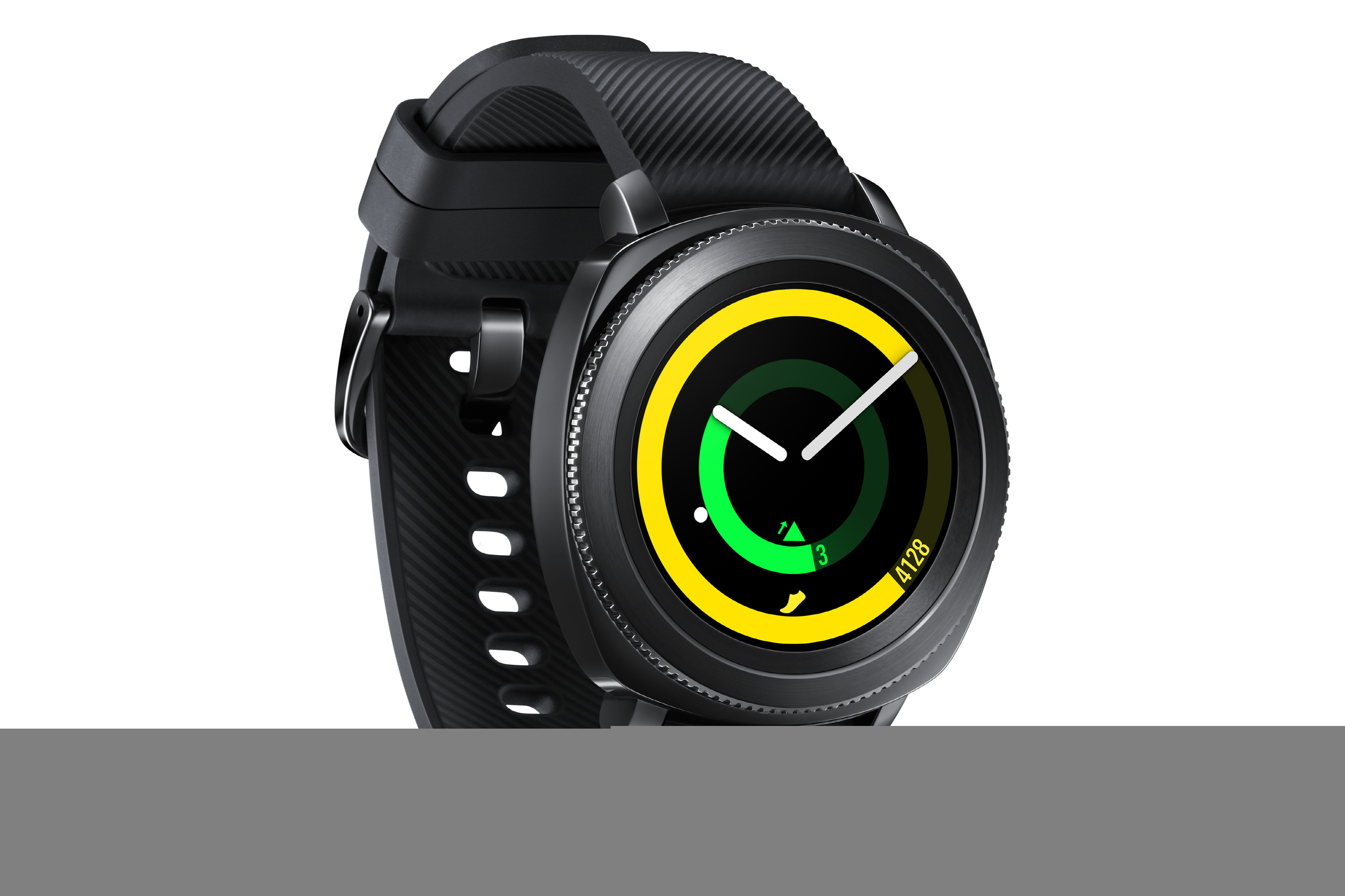 Eine schwarze Smartwatch mit rundem Zifferblatt, die die Uhrzeit anzeigt. Sie hat ein schwarzes Armband.